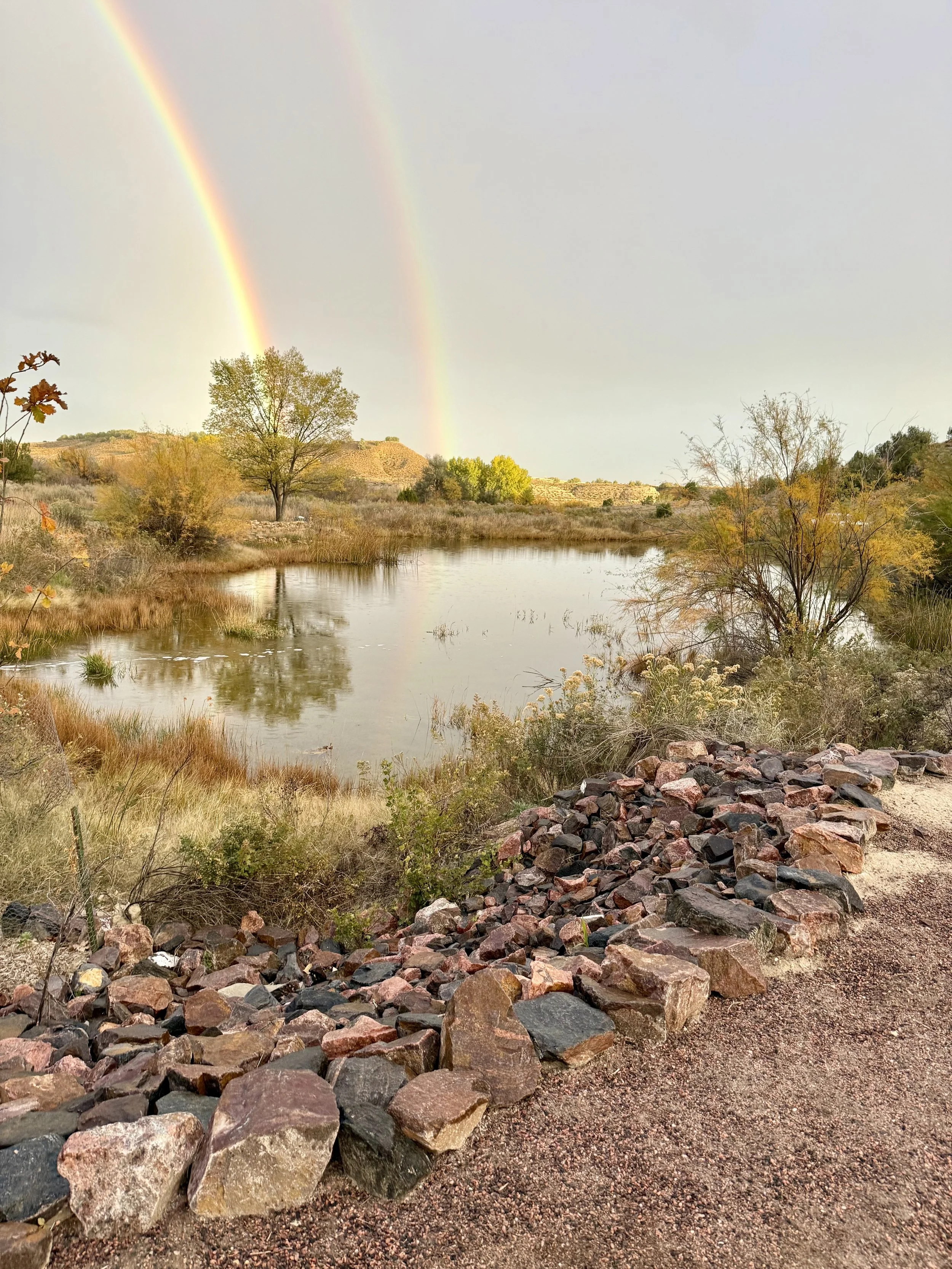 Rainbow over wedding ceremony at Lost Pond wedding venue near Canon City Colorado