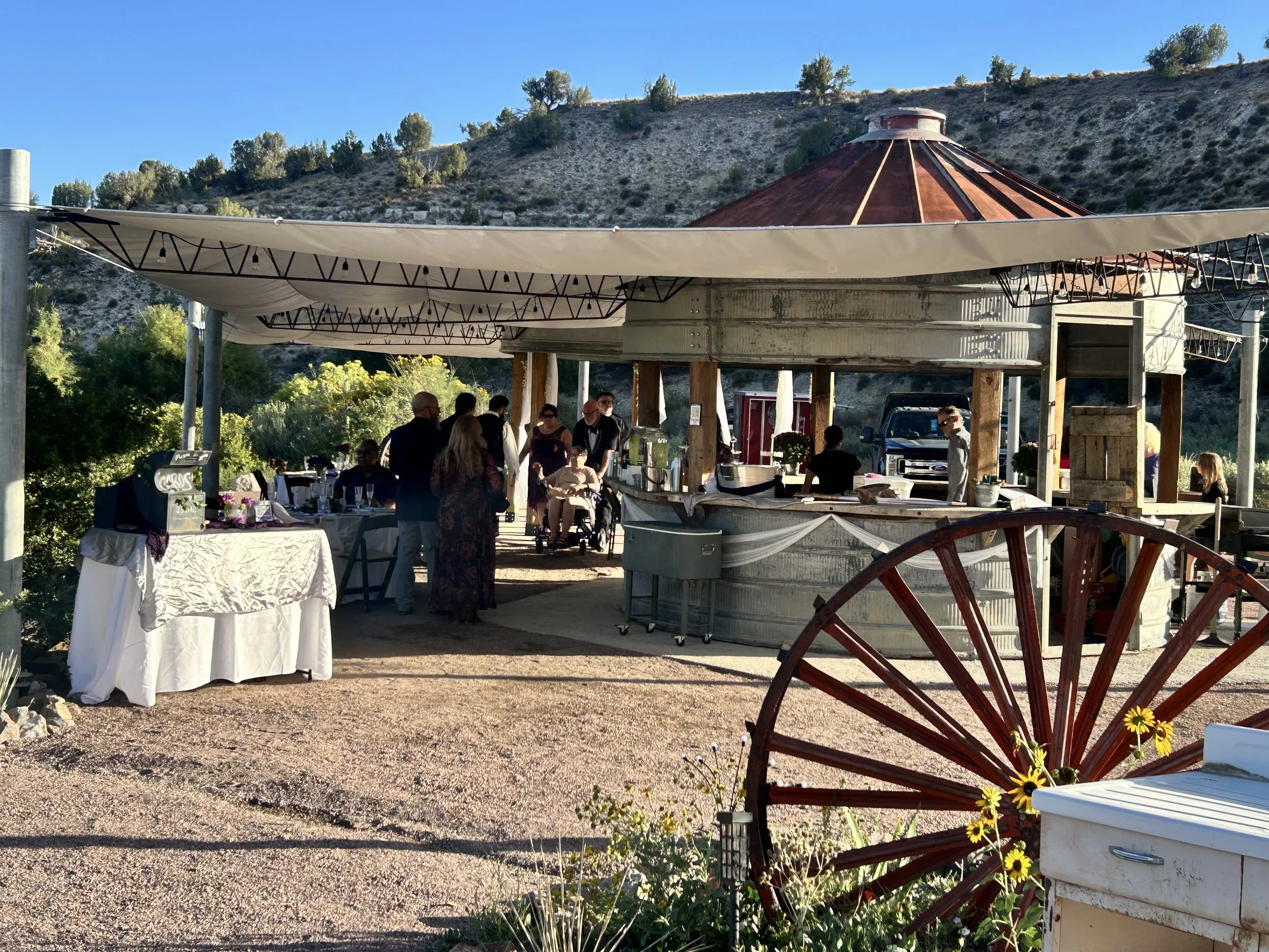 The tented canopy over the silos at Lost Pond wedding venue near Florence, Colorado.