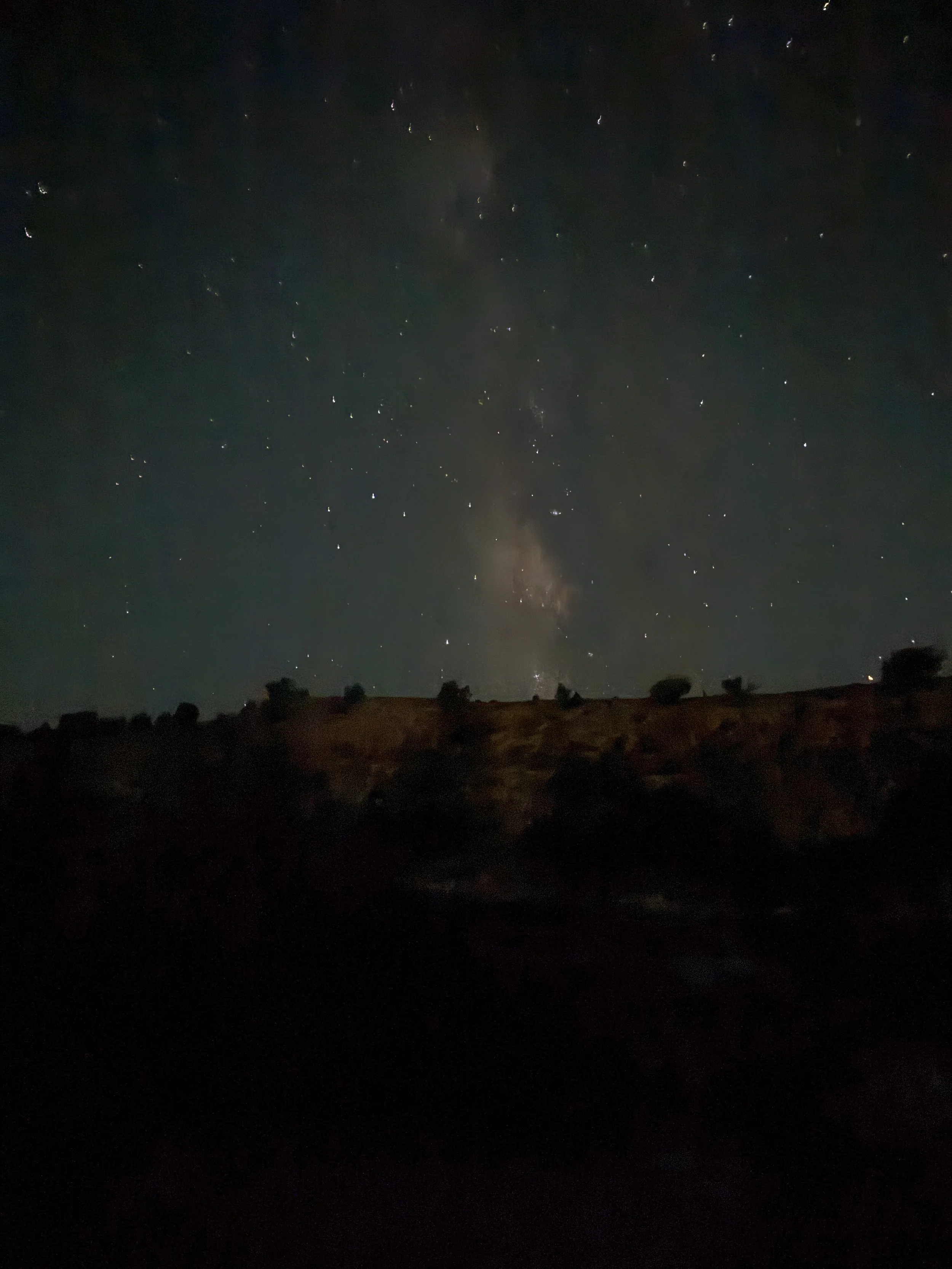 Night sky filled with stars and the Milky Way galaxy above a dark hilly landscape with scattered trees.