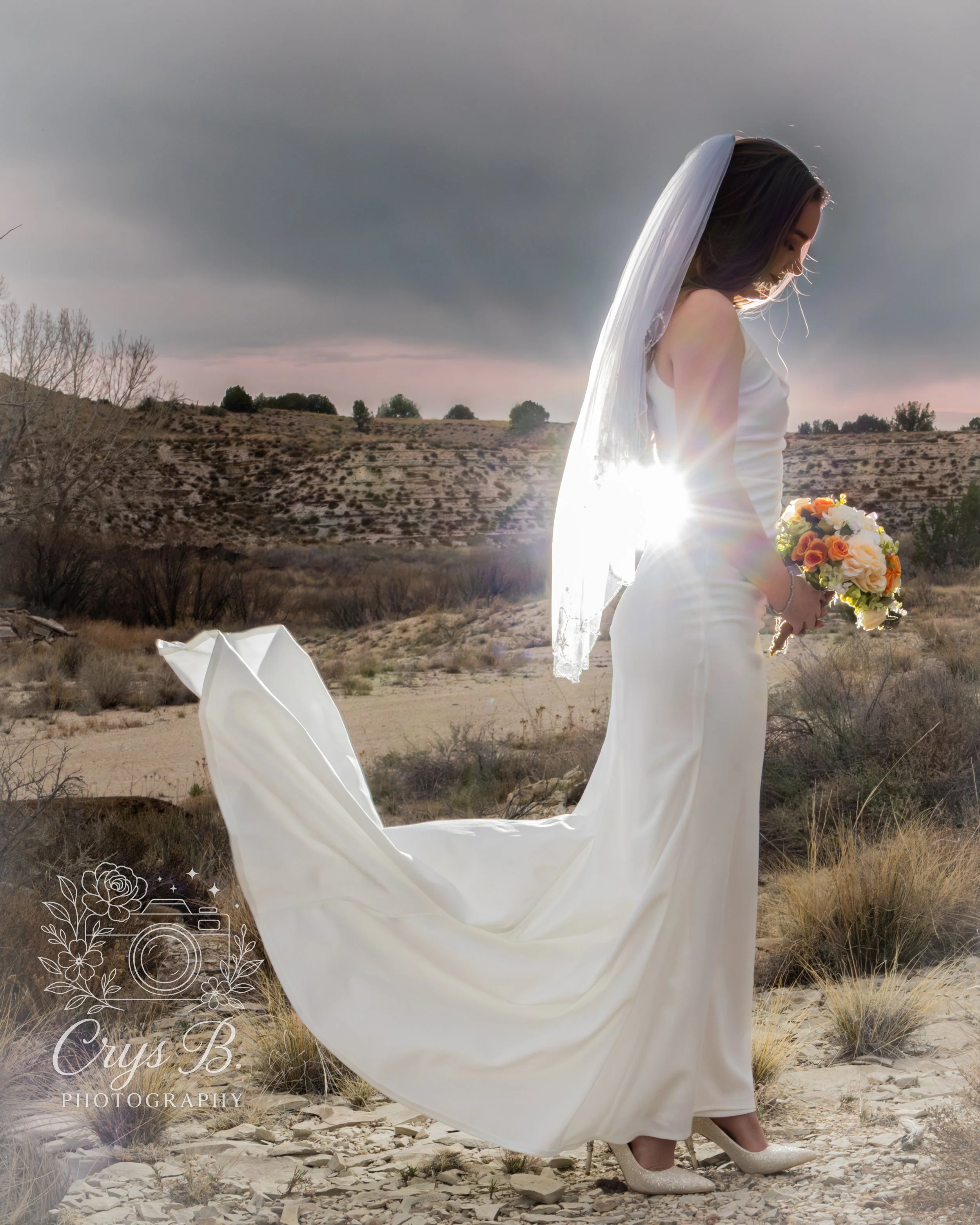 Bride at sunset at wedding at Lost Pond wedding venue, a water front wedding venue with natural water features like a pond and a stream, near Pueblo Colorado