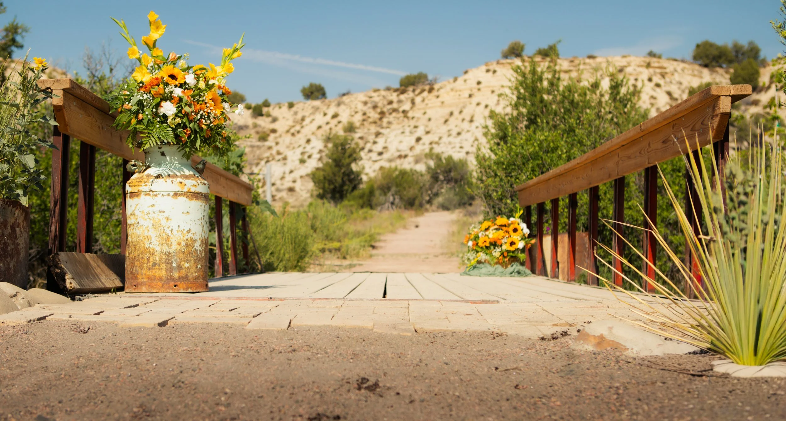 The rustic bridge at Lost Pond wedding venue crosses the stream with the mountains in the background giving you a rustic feel in nature at outdoor wedding venue Lost Pond, near Canon City, Colorado.