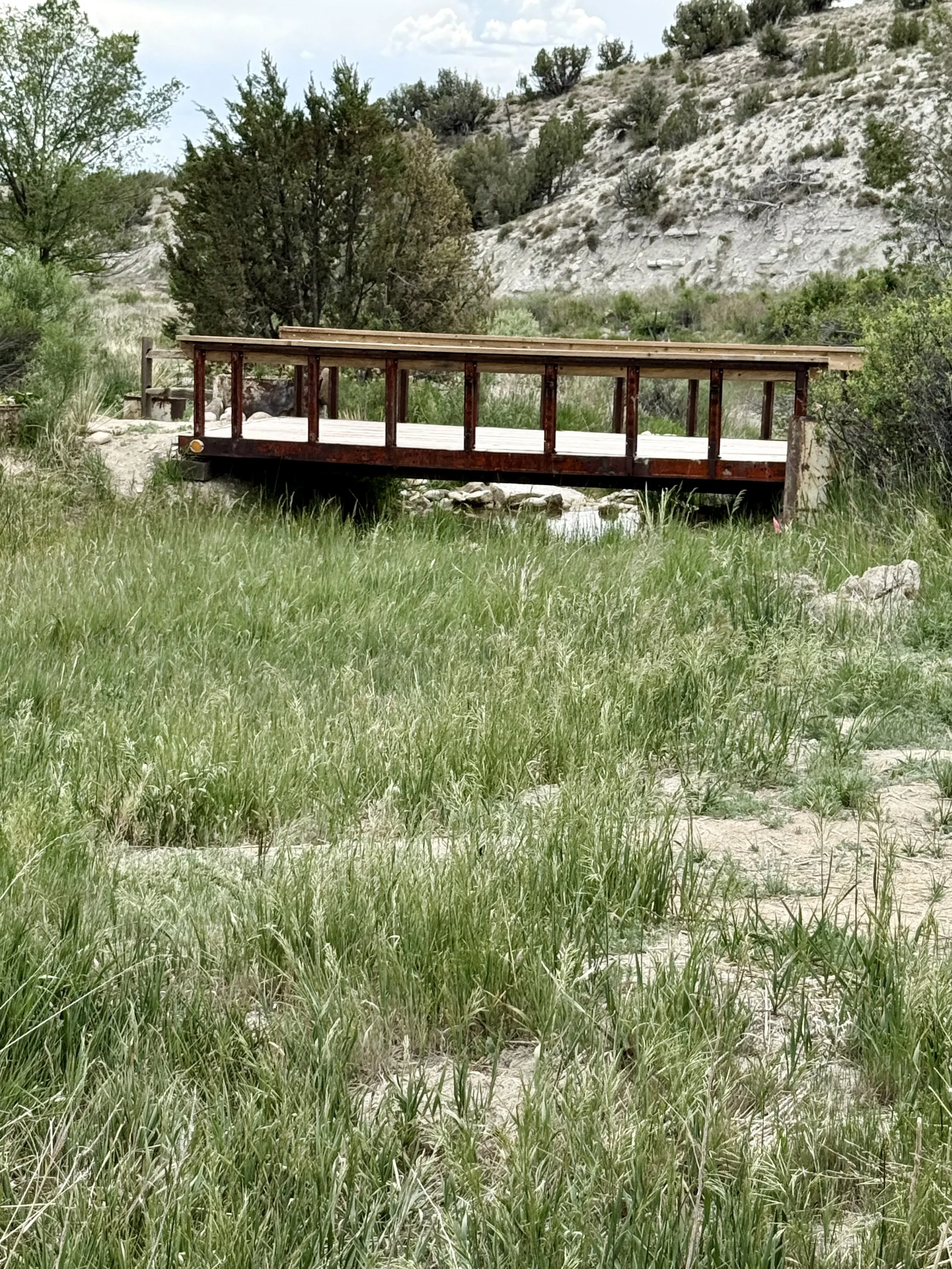 A wooden bridge over the creek and waterfall at garden wedding venue Lost Pond with natural water features. The outdoor wedding venue features a ceremony spot by the pond and a rustic tent wedding reception by the water.