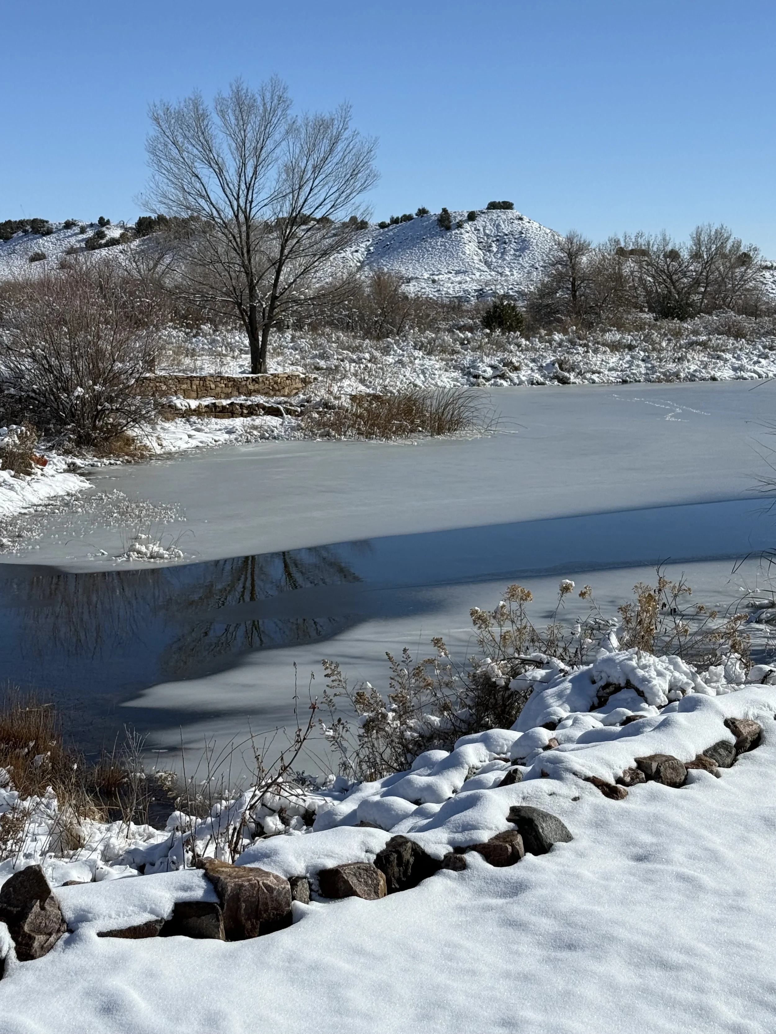 Lost Pond's frozen pond at the wedding venue between Canon City and Pueblo Colorado. Waterfront wedding ceremony and wedding reception.
