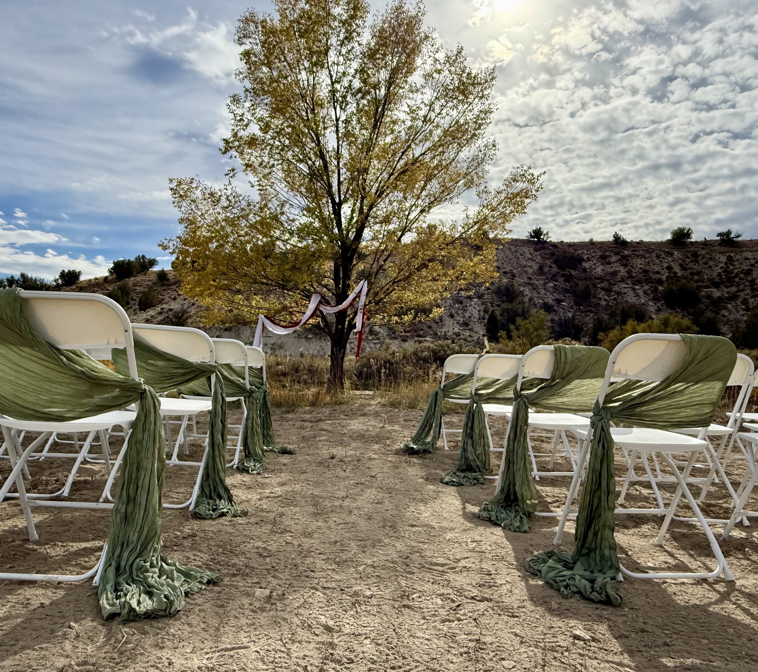 Outdoor Wedding Venue Colorado Ceremony site by the water under our elm tree at Lost Pond near Canon City Colorado