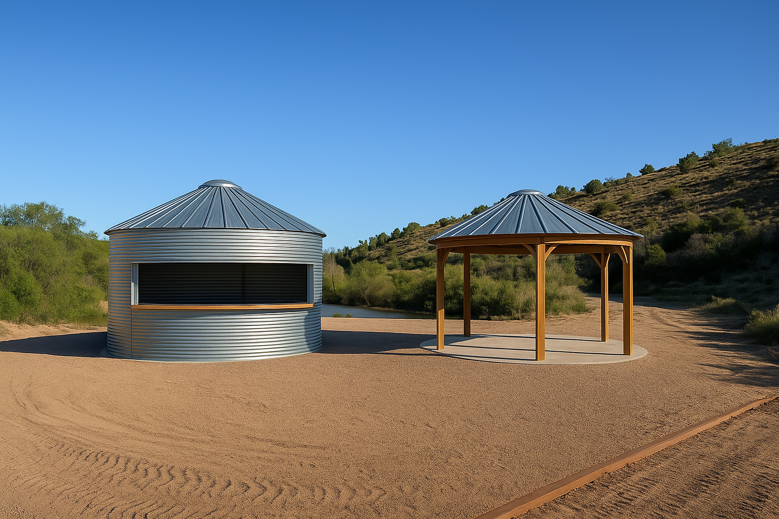 A metal round building with a conical roof and a wooden pavilion with a similar roof on a sandy landscape, with green hills and clear blue sky in the background.
