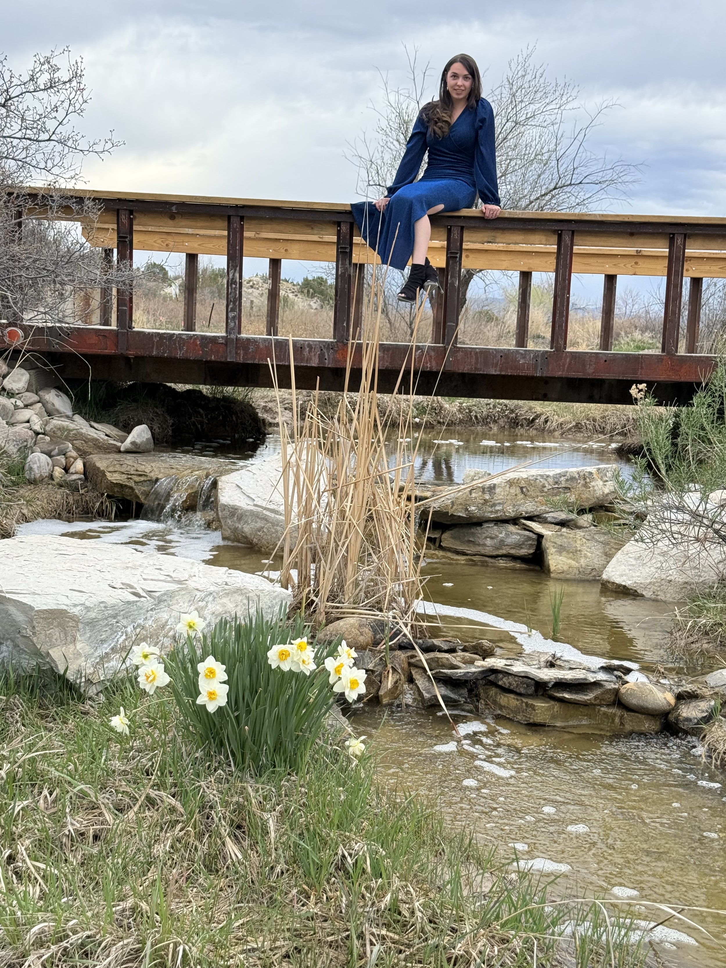 Rustic bridge over the waterfall and stream at Lost Pond outdoor wedding venue near Colorado Springs, Colorado..