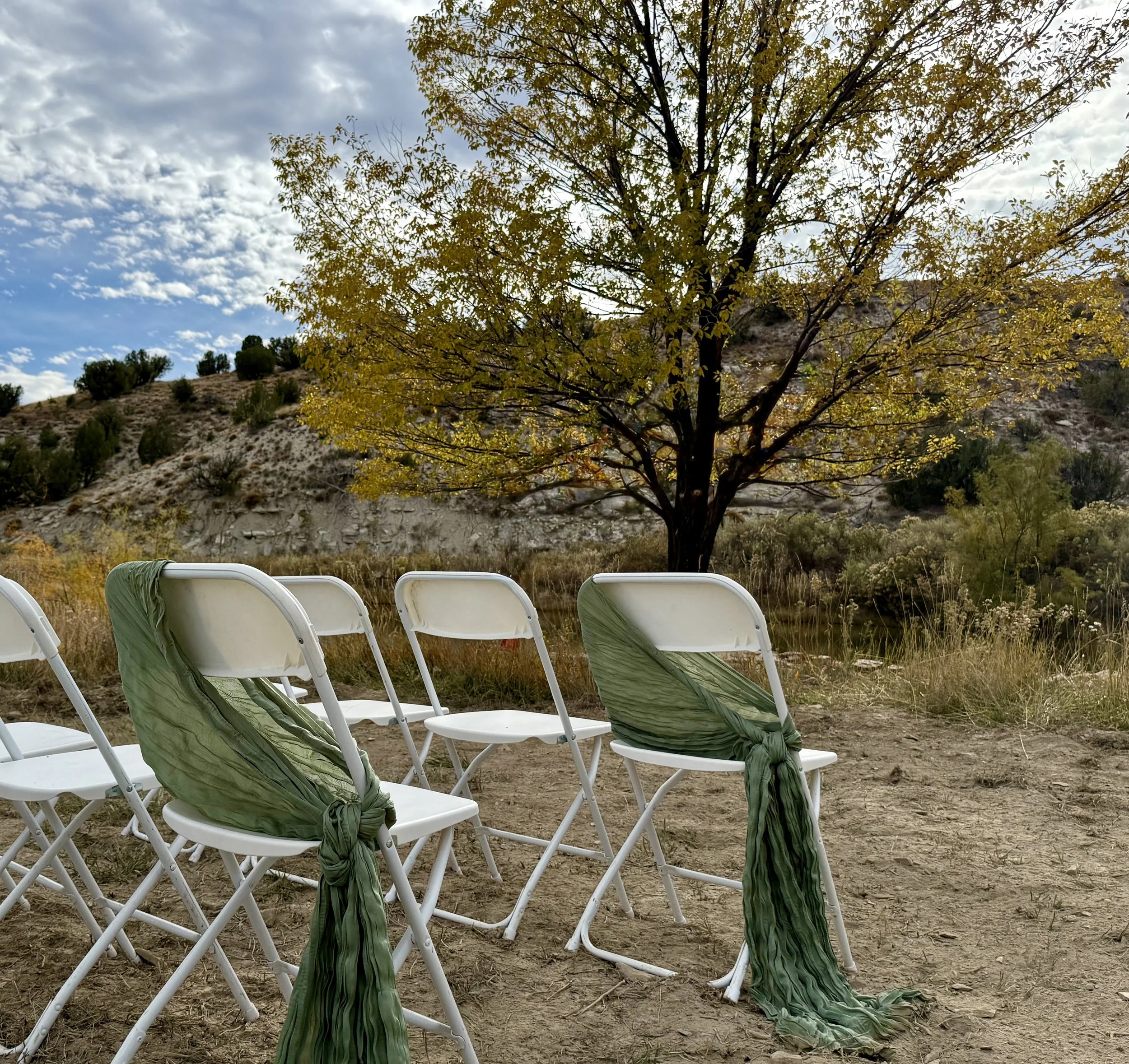 Wedding ceremony set up at Lost Pond wedding Venue near Canon City, Colordo by the pond in a peaceful secluded setting.
