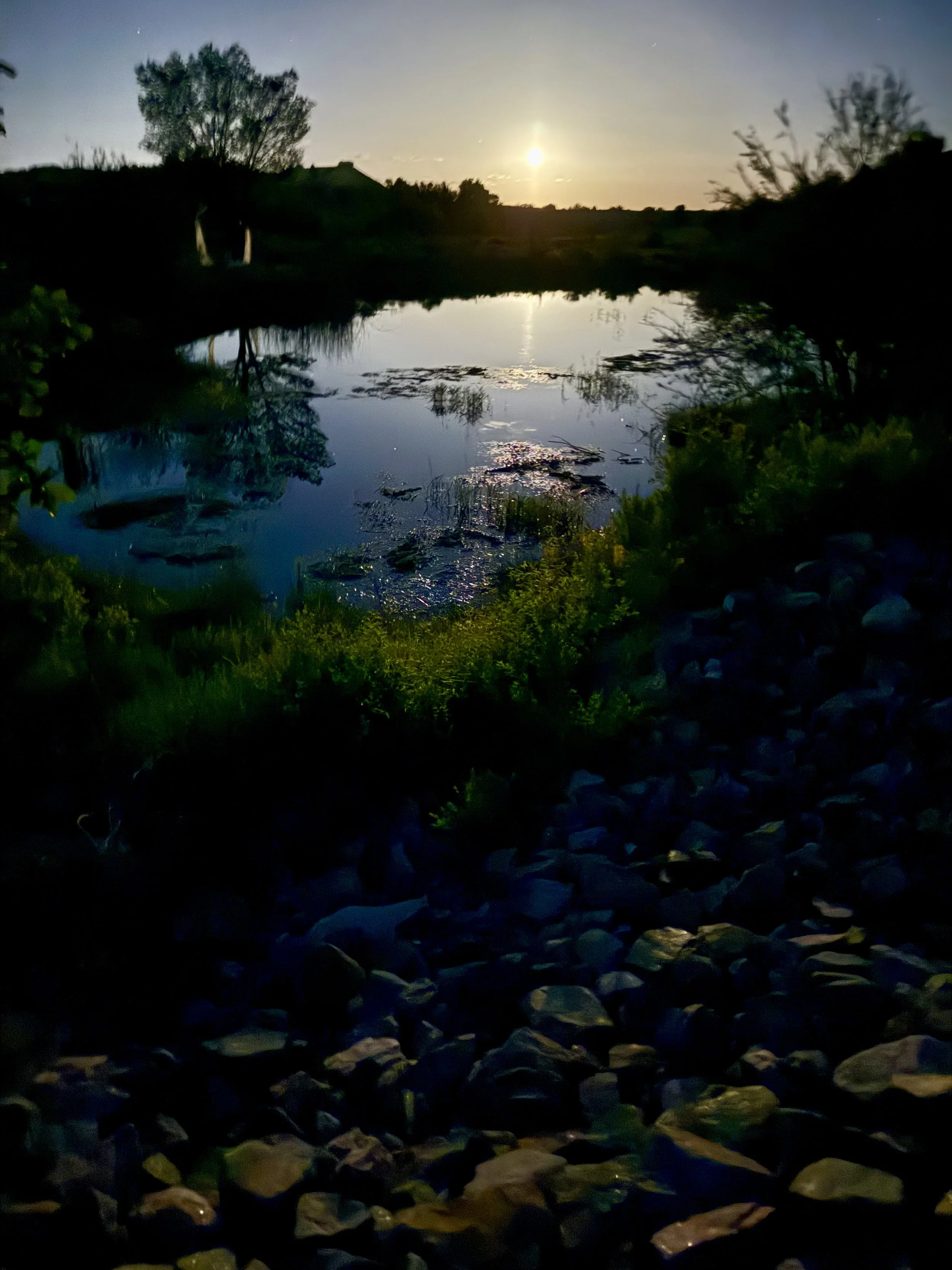 A night view across the pond at Lost Pond wedding venue near Canon City, Colorado as the moon rises over the mountains.