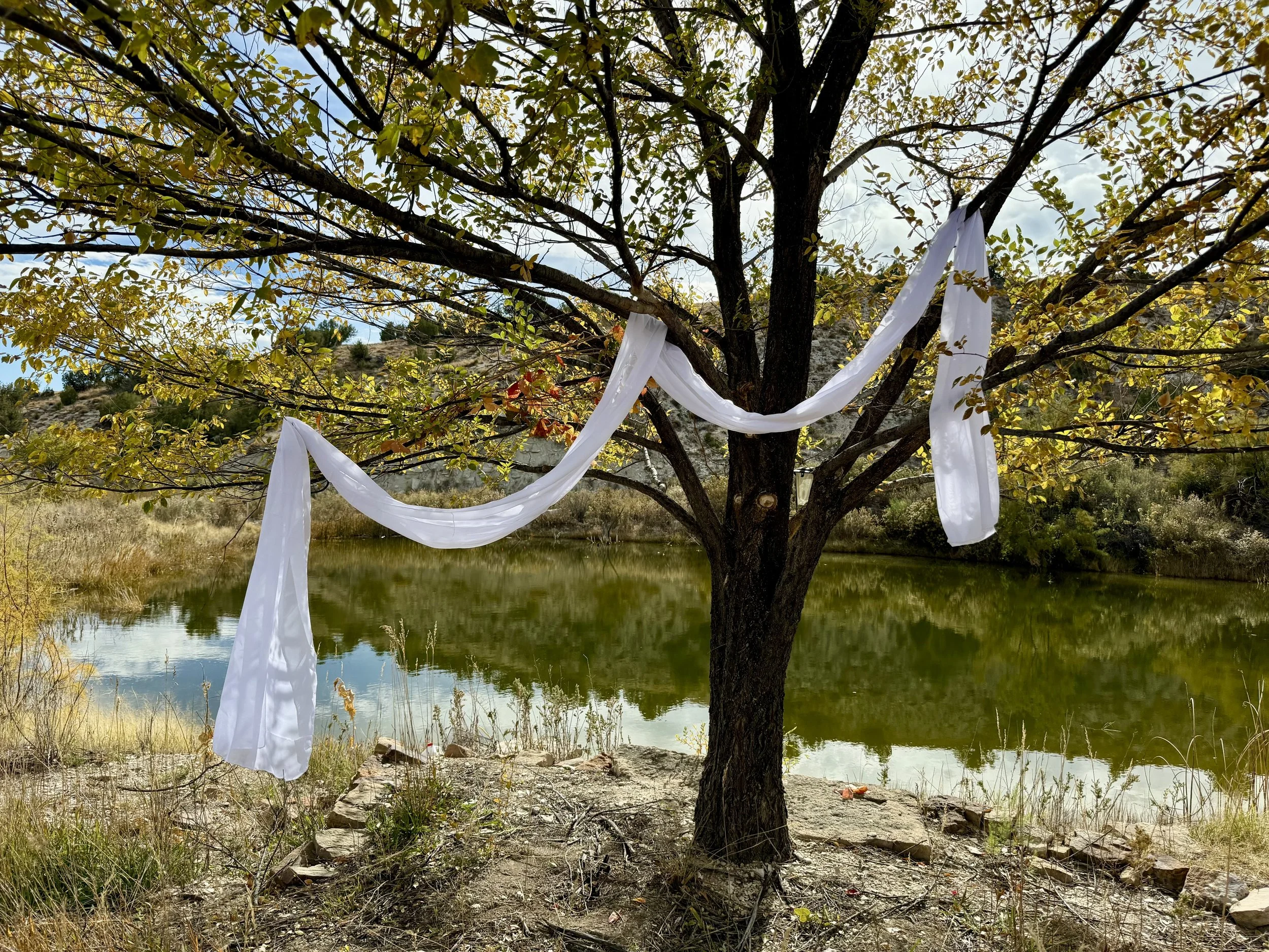 Outside wedding ceremony site next to the pond where brides and grooms can say their vows next to the water pond at Lost Pond wedding venue near Canon City, Colorado.