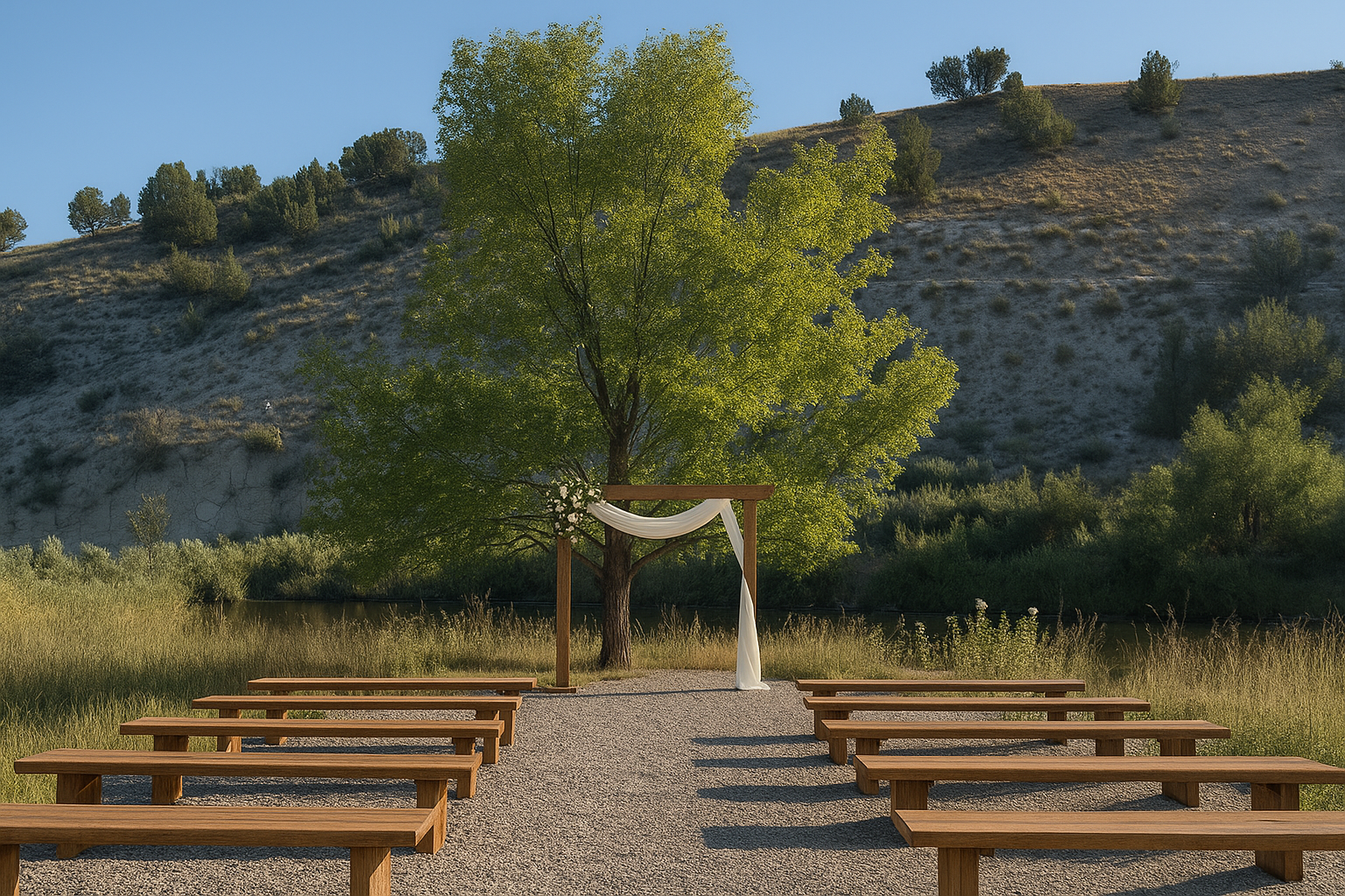 Outdoor wedding ceremony setup with wooden benches facing an arbor under a large green tree in a natural setting with hills and water in the background.