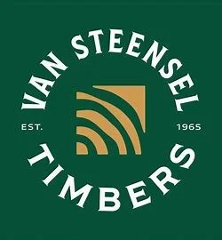 Logo for Van Steensel Timbers with green background, white text, and a gold and green stylized tree icon.