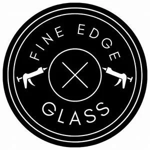 Circular logo with the text 'FINE EDGE GLASS' and two stylized glass cutters facing each other.