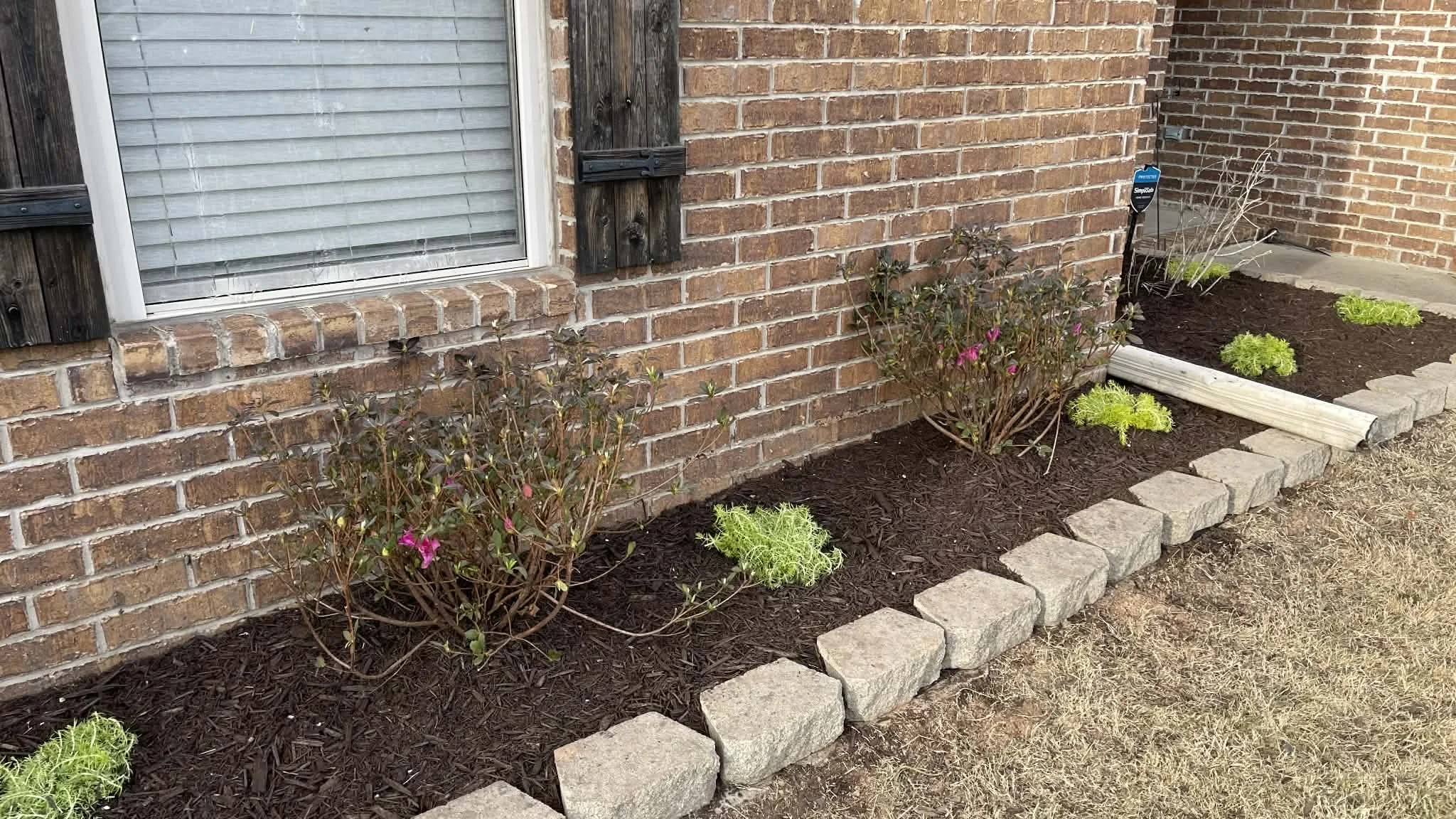 Flower garden bed along brick house wall with bushes, small plants, mulch, stone border, window with blinds, and a home security sign