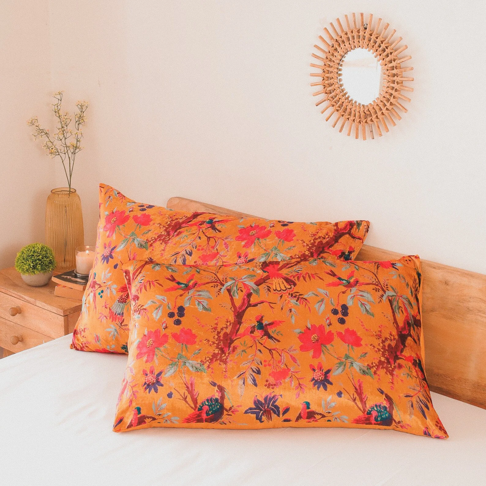 Rich mustard gold velvet pillow with embroidered bird design, perfect for layering on beds, sofas, or cottagecore-inspired spaces.