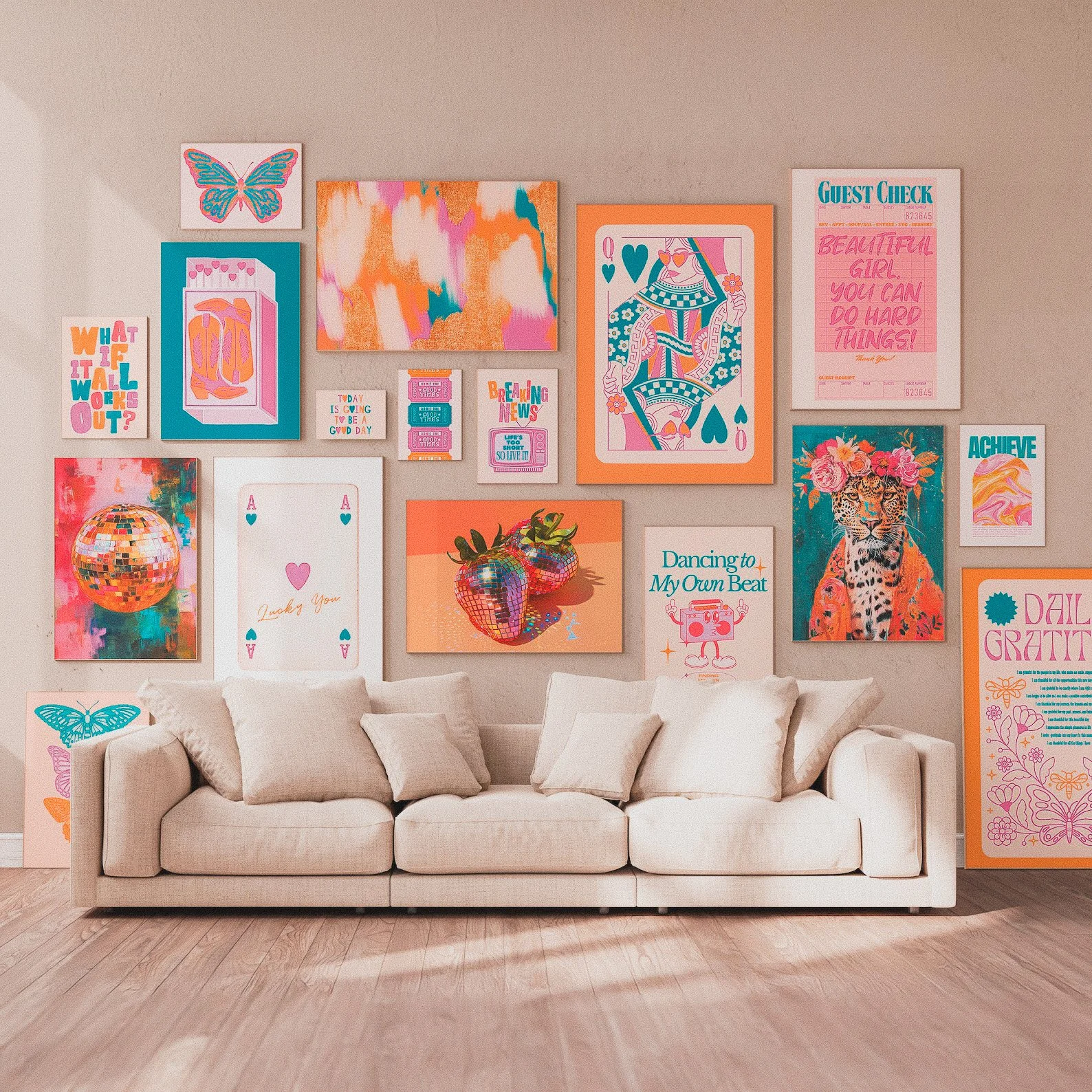 Set of 17 printable art pieces featuring bold colors, abstract designs, and eclectic styles, ideal for curating a vibrant gallery wall.