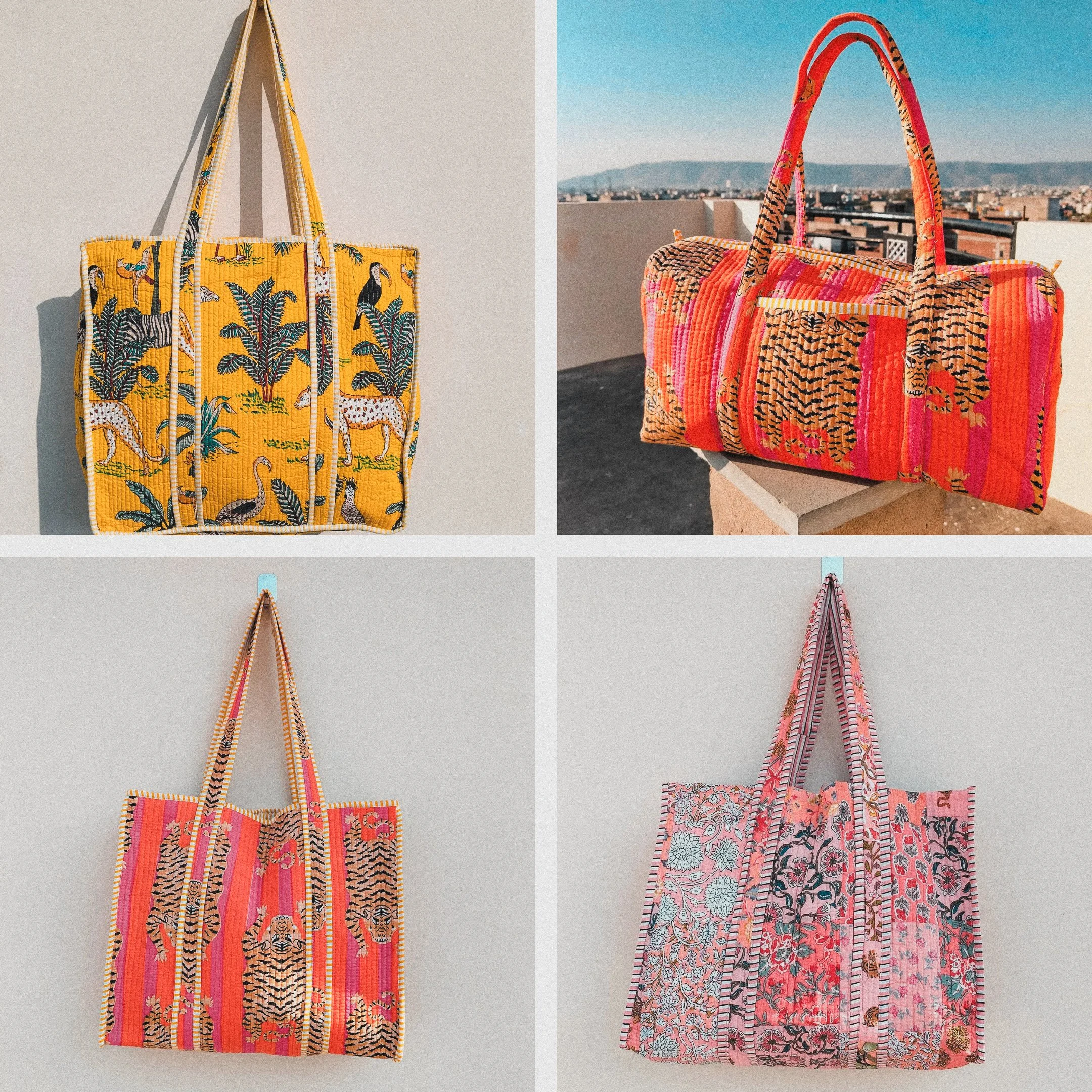 Four different colorful fabric tote bags, each featuring animal and floral patterns, displayed against plain walls or outdoors with cityscape and sky backgrounds.