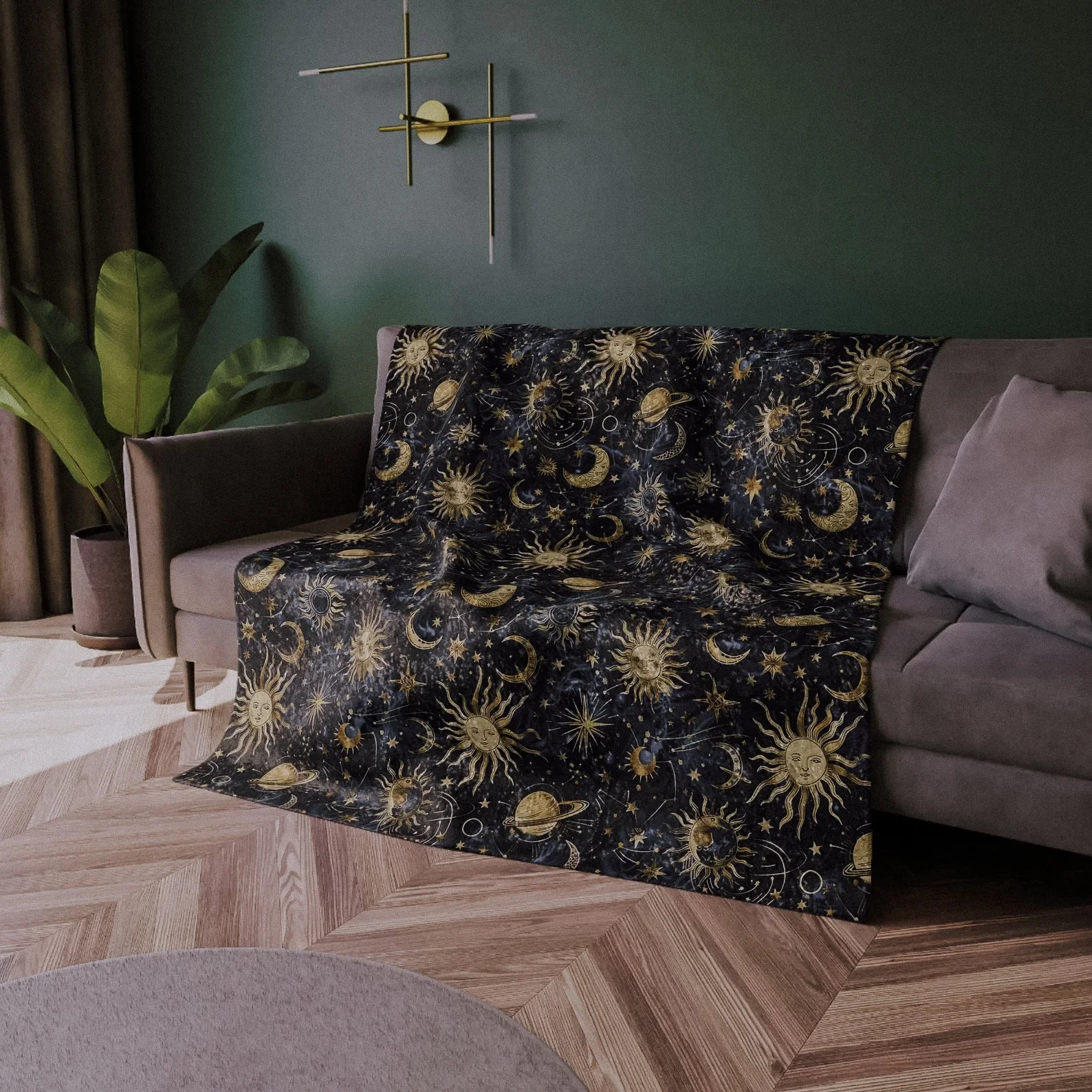 Crushed velvet celestial throw blanket with 90s-inspired sun and moon pattern