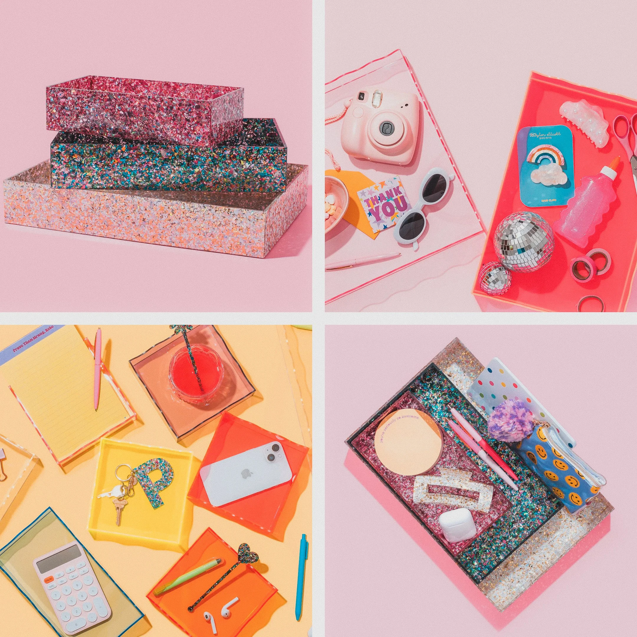 Collage of colorful stationery and accessories including glittery boxes, a camera, sunglasses, dance-inspired items, notebooks, a keychain, a calculator, pens, earbuds, and decorative objects arranged in four sections on pink, yellow, and glitter backgrounds.