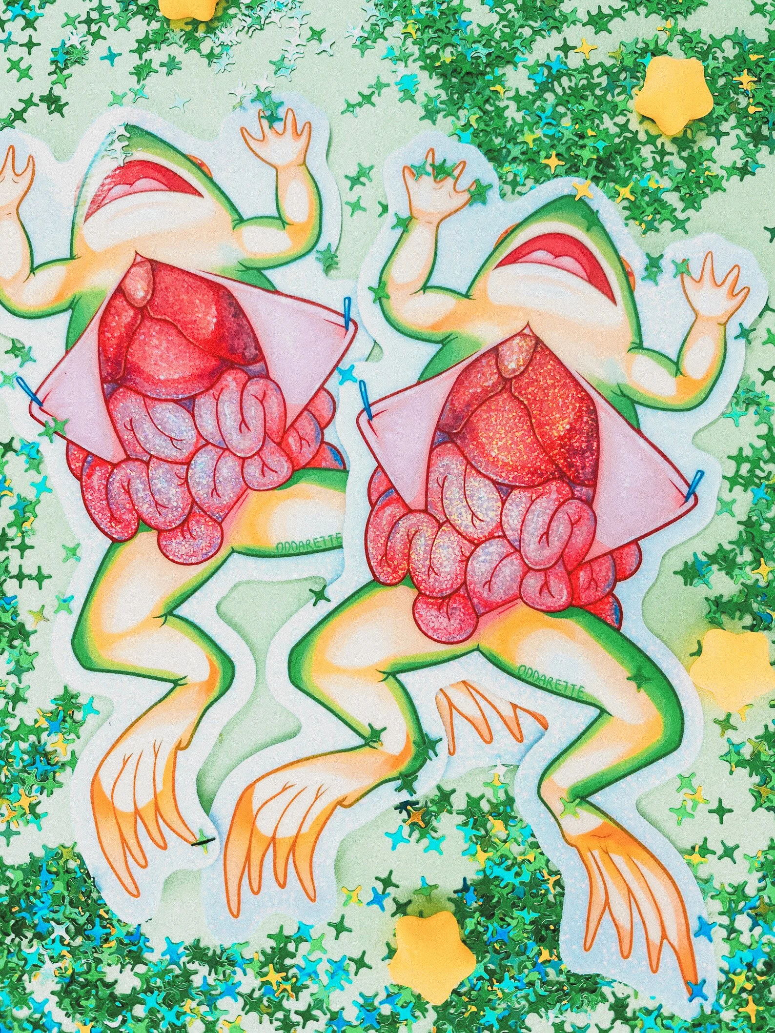 This glitter frog anatomy sticker is the perfect blend of cute, creepy, and educational chaos. Featuring a dissected frog design with glittery guts, it’s ideal for biologists, goths, cottagecore weirdos, or anyone who thinks frogs are neat and mildly