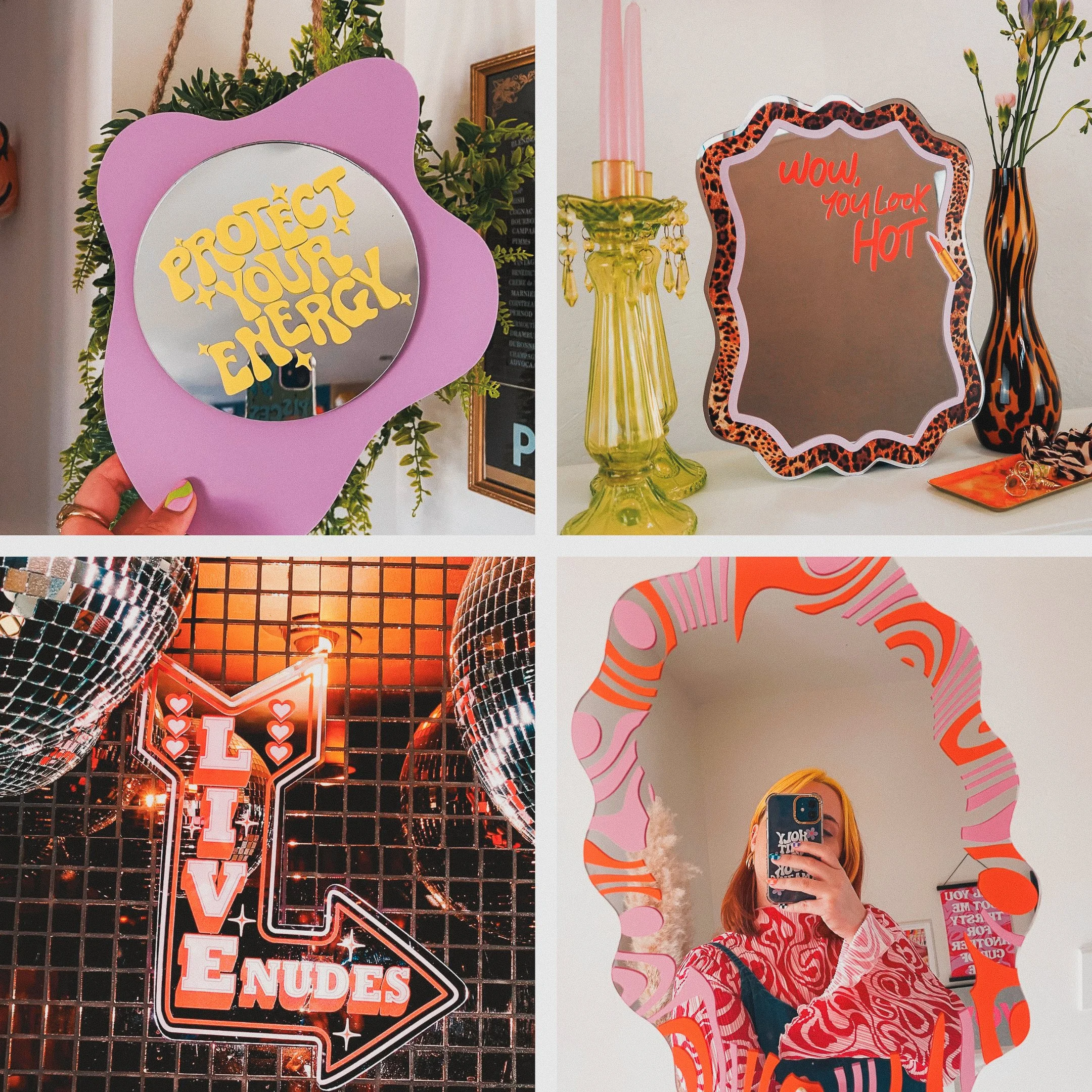 Collage of four images: Top left shows a hand holding a purple mirror with yellow text saying "Protect Your Energy"; Top right shows a mirror with leopard print border, pink writing saying "Wow, You Look Hot" next to a yellow candle holder, and a vase with flowers; Bottom left shows a neon sign with the words "Love Nudes" made of pink and white lights, with disco balls overhead; Bottom right shows a woman with orange hair taking a selfie in a mirror with a pink and orange abstract frame, wearing a red and white patterned shirt.