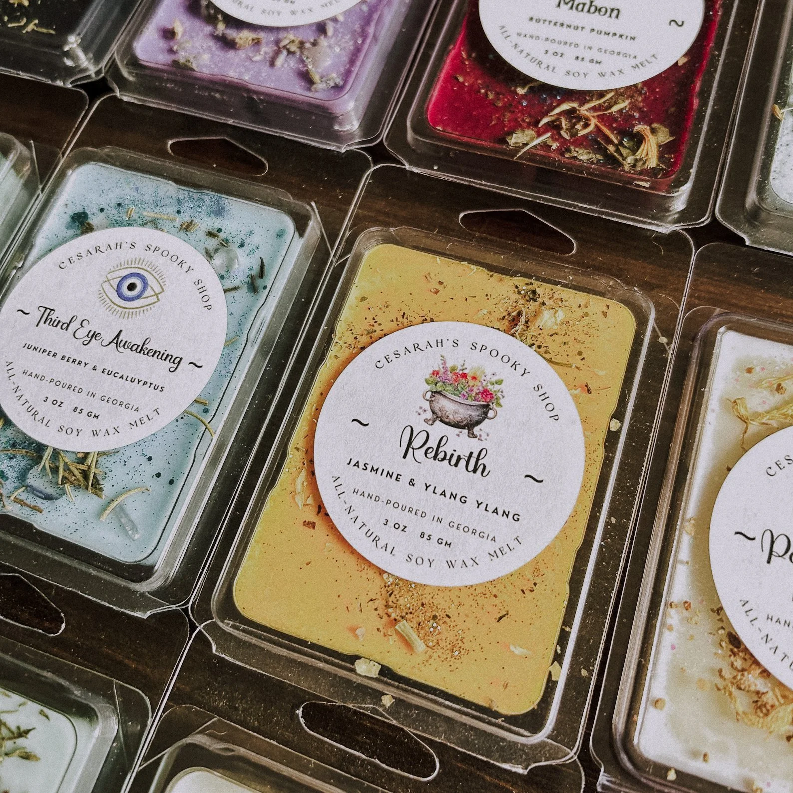 Mystical wax melts designed for witchy rituals and intention-setting, featuring celestial symbols and spiritual scents. Ideal for altars, full moon vibes, and magical self-care.