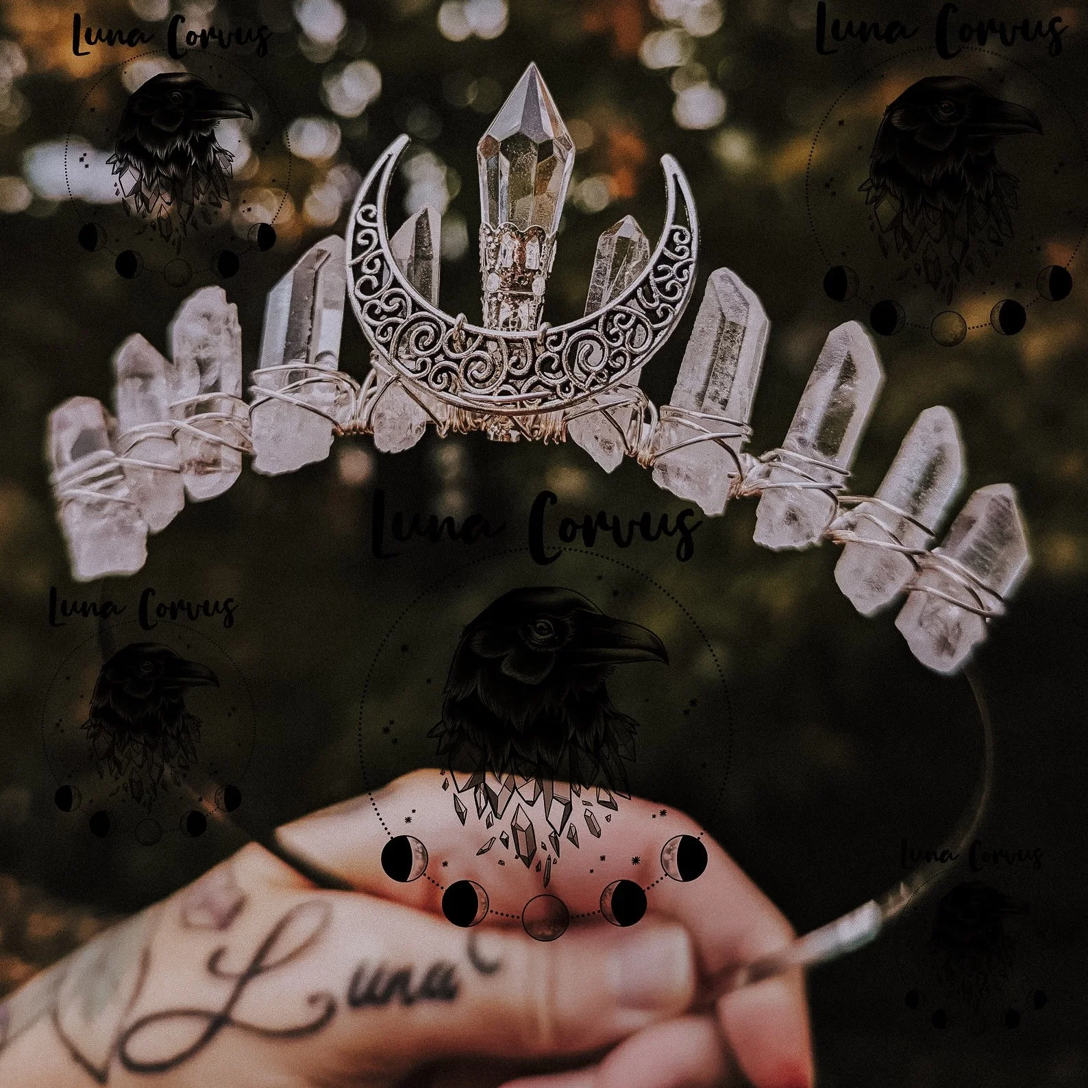 Clear quartz crystal crown with a celestial-inspired design, perfect for rituals.