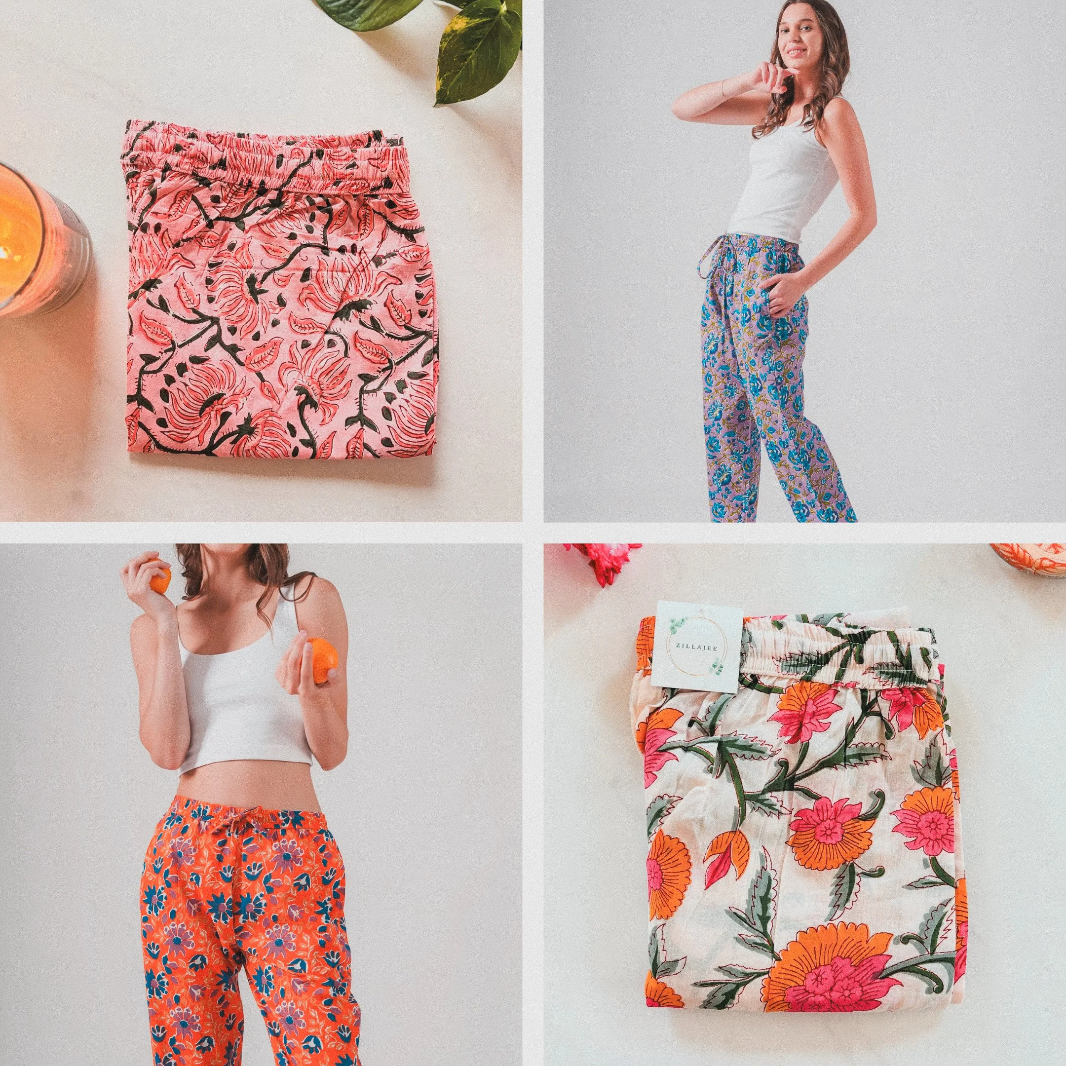 Collage of four images showing two pairs of floral patterned pants and a woman modeling them. The pants in the top left and bottom right are folded, with the top left pair in pink with black and white accents, and the bottom right pair in white with pink, orange, and green floral print. The woman in the top right and bottom left is wearing different pants with floral patterns; in the top right, she wears blue floral pants with a white tank top, and in the bottom left, she wears orange floral pants with a white crop top, holding orange in her hands.