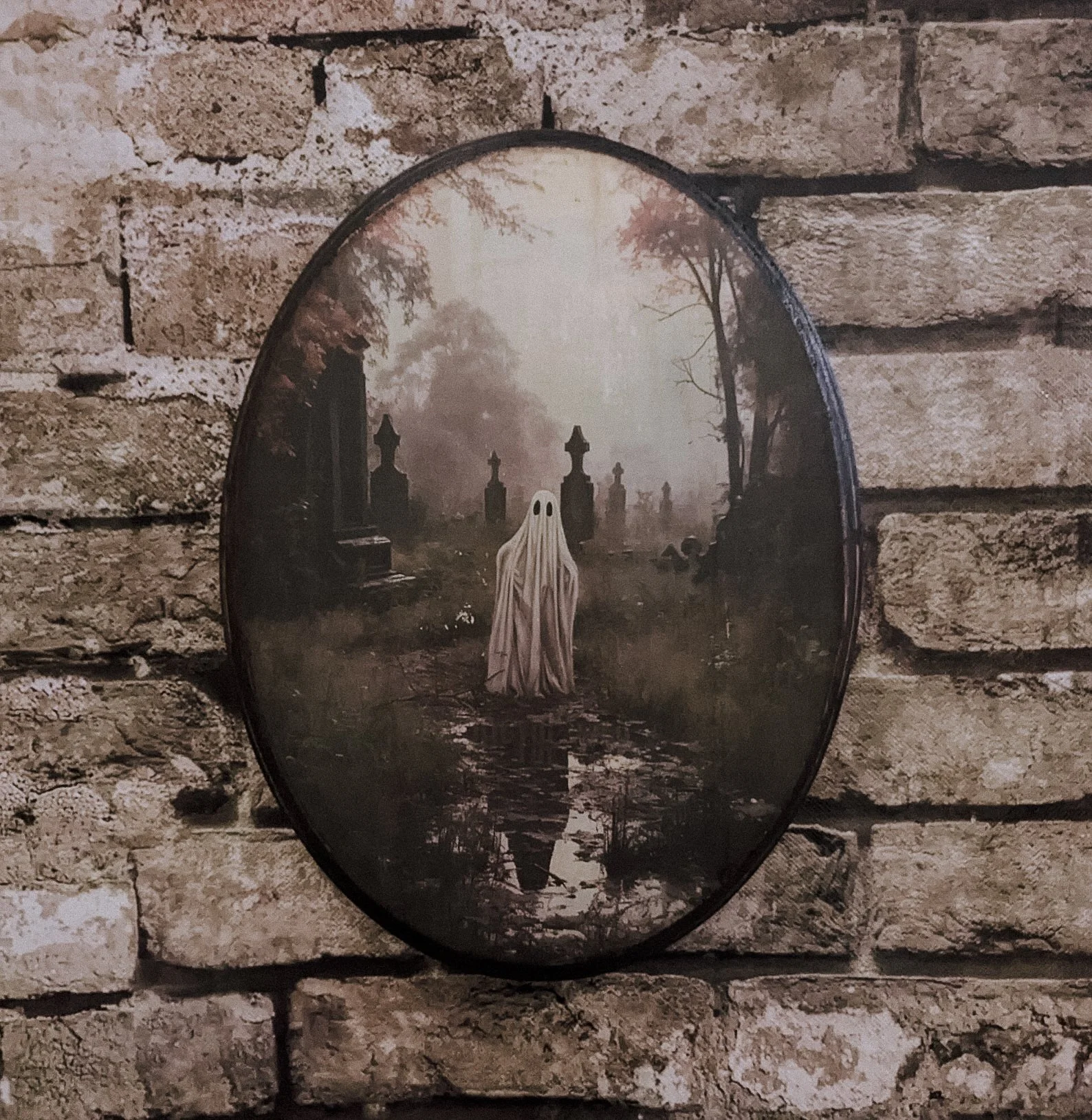 Vintage-style art print featuring a ghostly figure wandering a cemetery. Perfect for gothic gallery walls, haunted home decor, and lovers of melancholic paranormal aesthetics.