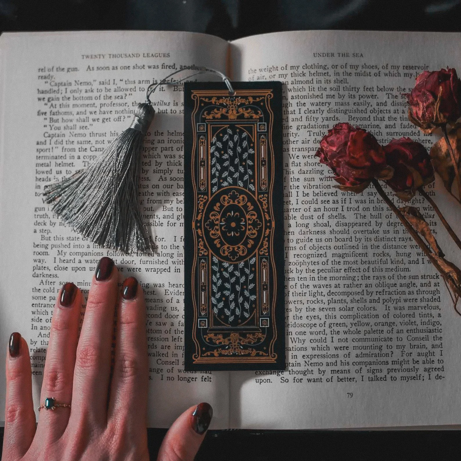 Double-sided black bookmark featuring intricate gold and silver foil detailing, inspired by antique book covers. Crafted on 450gsm matte board with a luxurious tassel, perfect for dark academia enthusiasts and gothic literature fans.