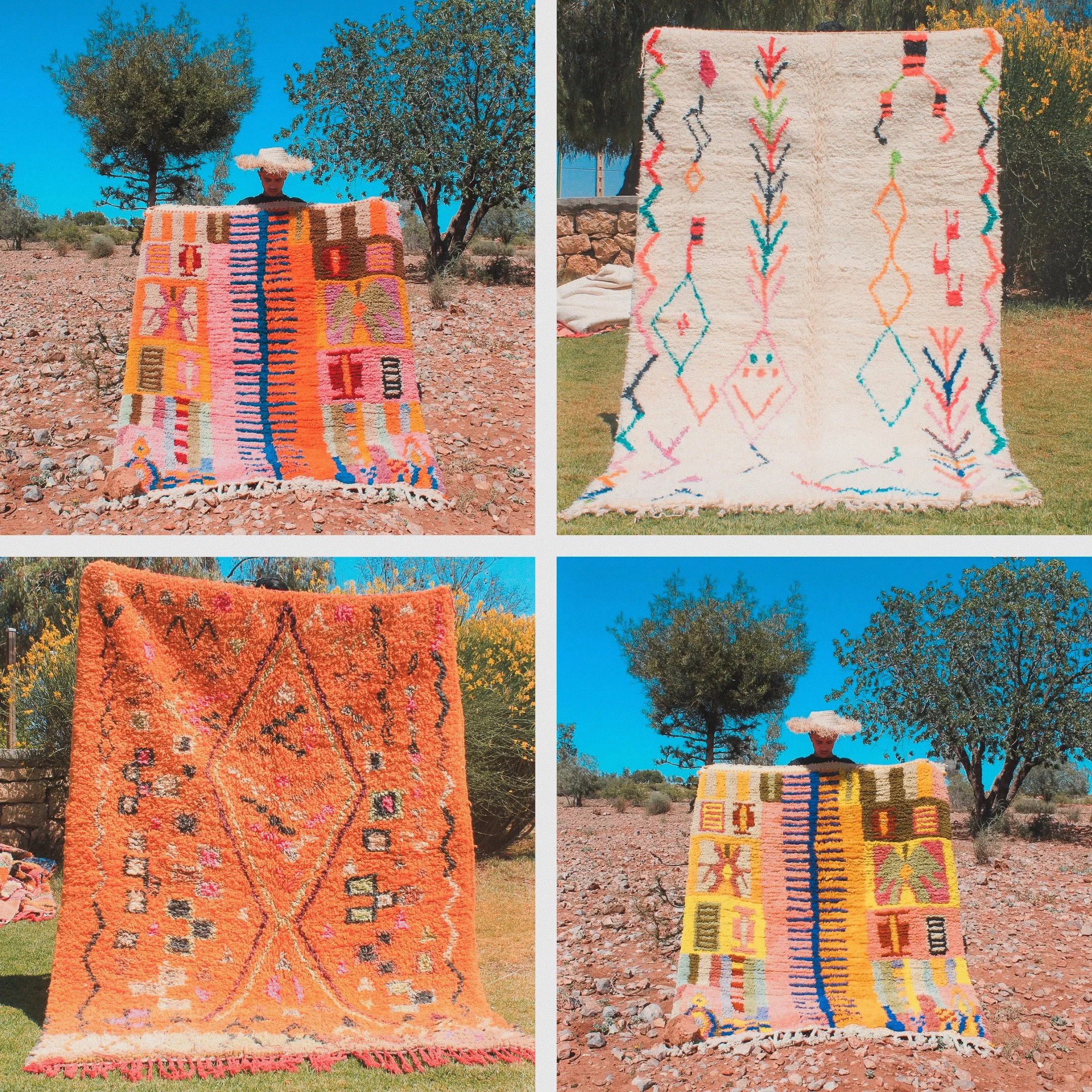 Four photos of colorful, textured rugs displayed outdoors in different environments. The top left and bottom right images feature a person holding a vibrant, multi-colored rug in a rocky, desert-like landscape with trees. The top right and bottom left images showcase rugs with abstract, geometric patterns visible against grassy backgrounds and trees.