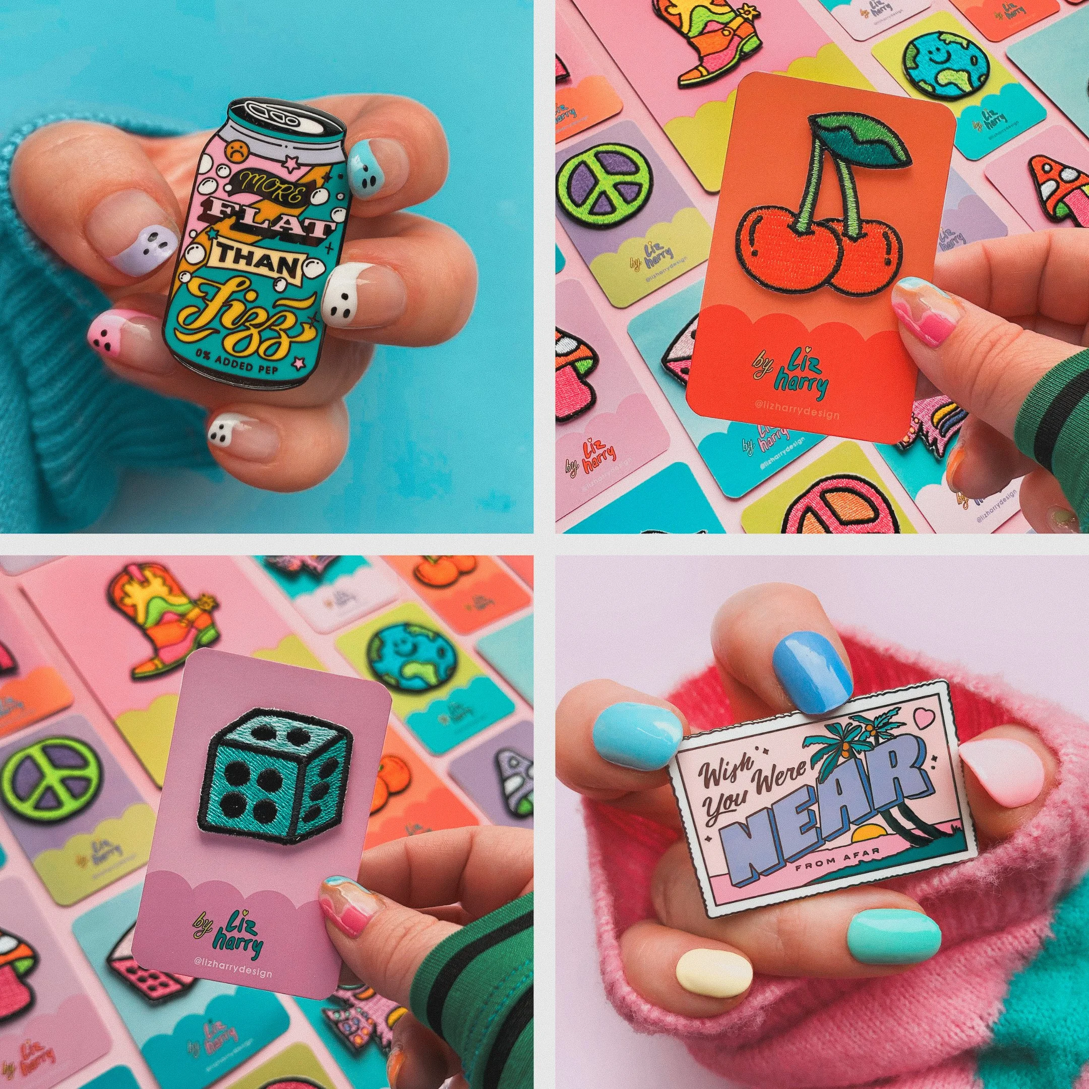 A collage of four images showing colorful and playful items. The top left image features a hand holding a small can with whimsical text and designs. The top right image shows a hand holding a card with a cherry illustration surrounded by other vibrant cards. The bottom left image displays a hand holding a patch of a dice on a pink card. The bottom right image presents a hand holding a card that says "Wish You Were Near" with a tropical scene, all with brightly painted nails.