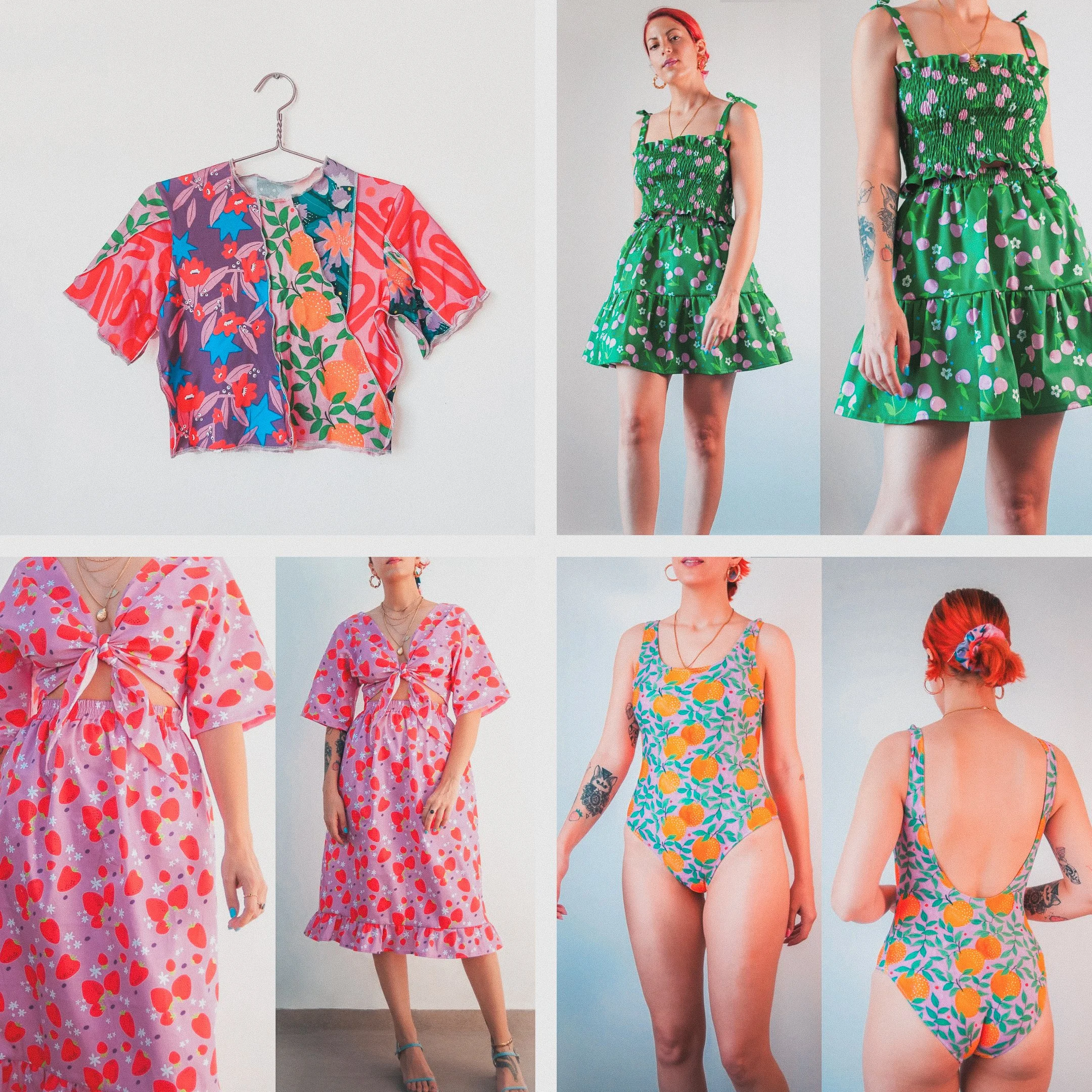 Collage of women modeling colorful, patterned dresses and swimsuits with fruit and floral designs.