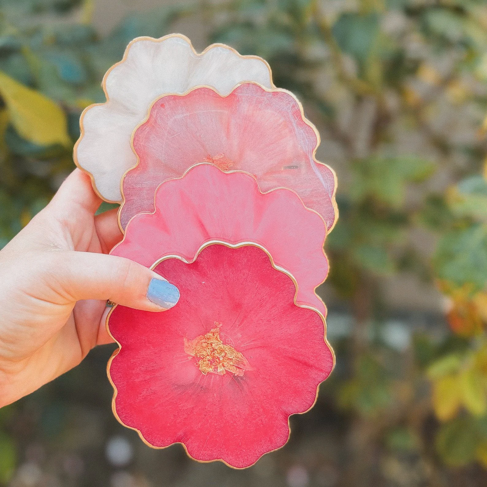 Colorful handmade resin coasters with pressed flowers, customizable and perfect for gifting, weddings, or cottagecore table vibes.