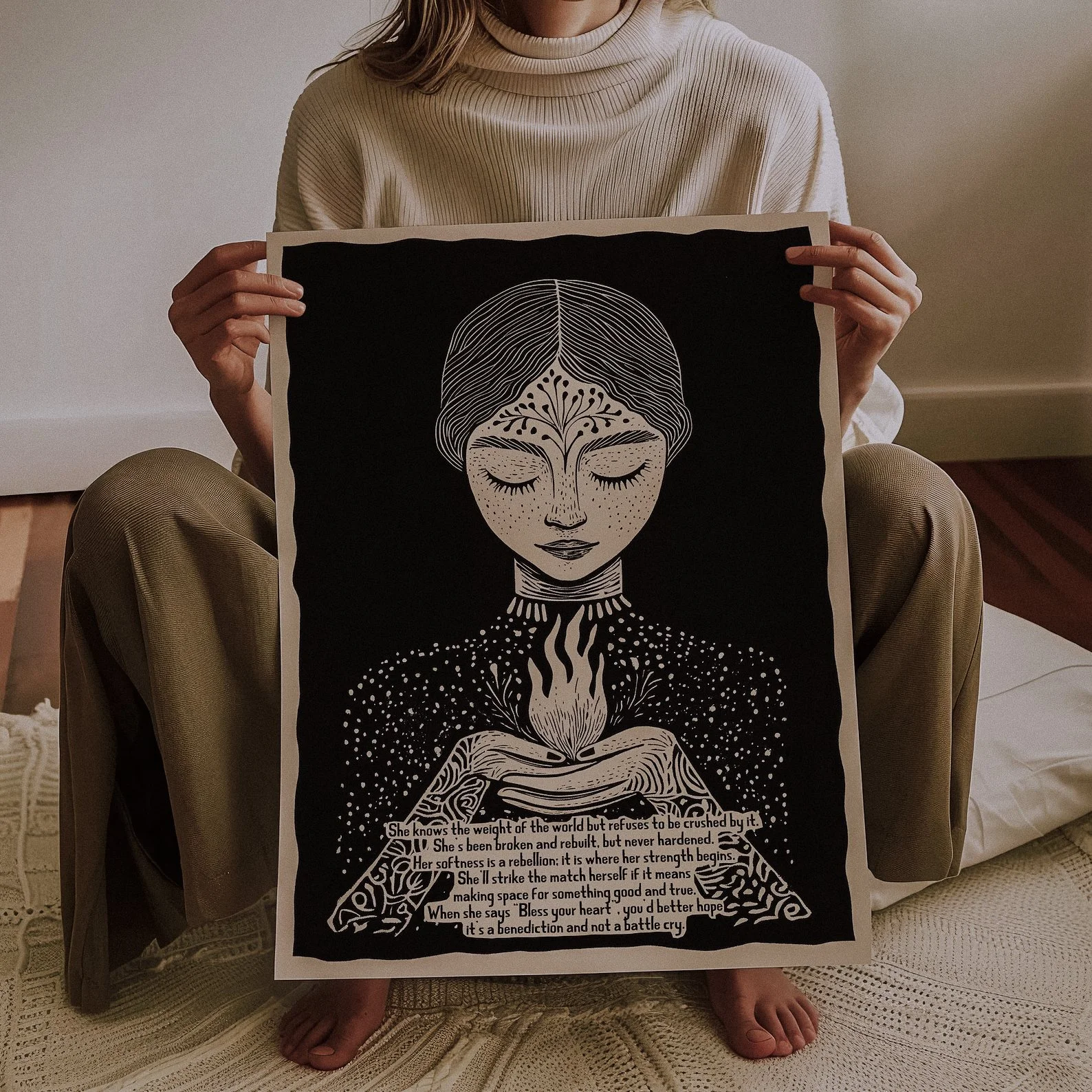 She Knows the Weight Art Print
Emotionally evocative illustration of a woman carrying symbolic or emotional weight, alongside the quote “She knows the weight and she carries it anyway.”