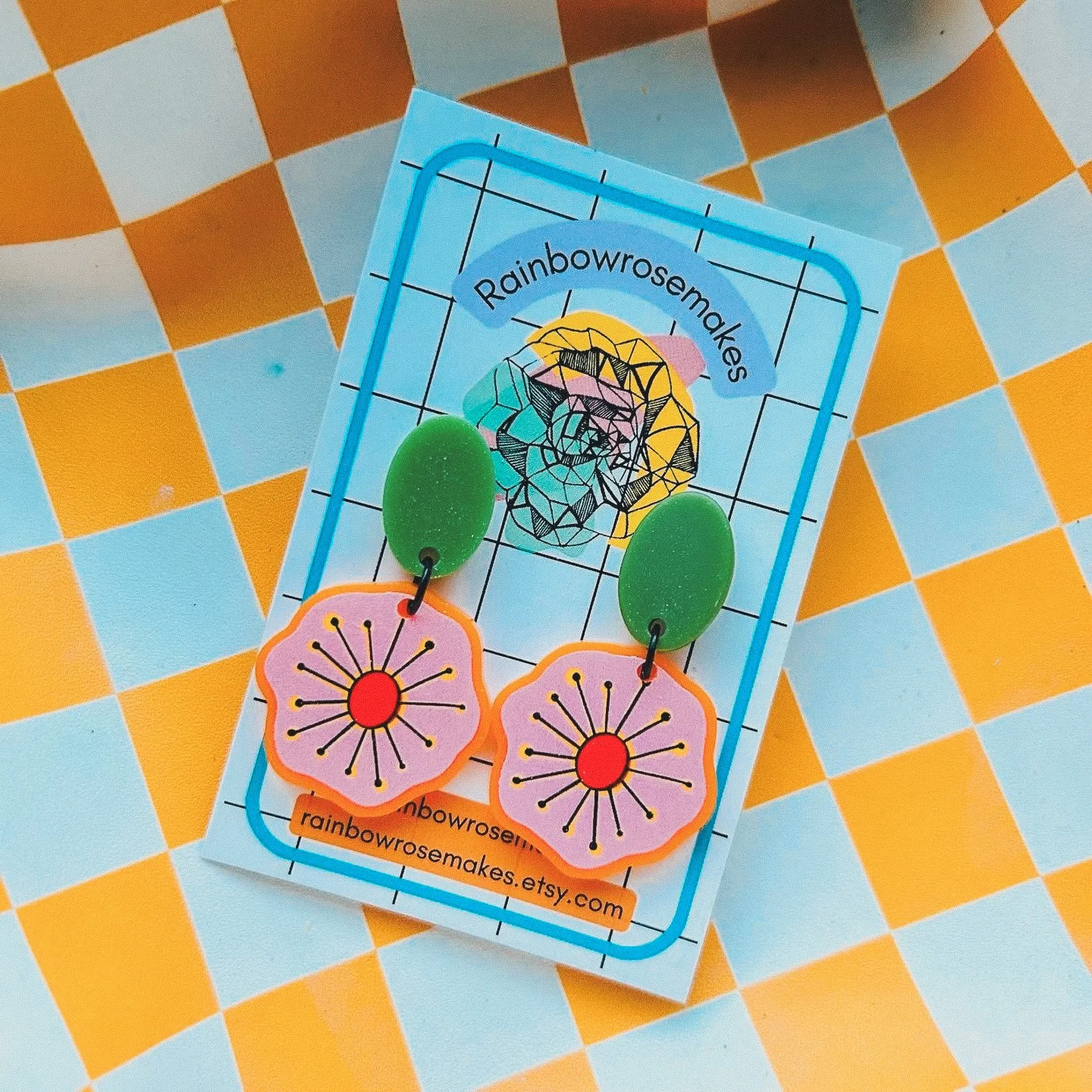 Lightweight flower-shaped acrylic earrings with minimalist design, available in playful colors. Shop RainbowRoseMakes for pastel, cheerful accessories handmade for colorful souls.