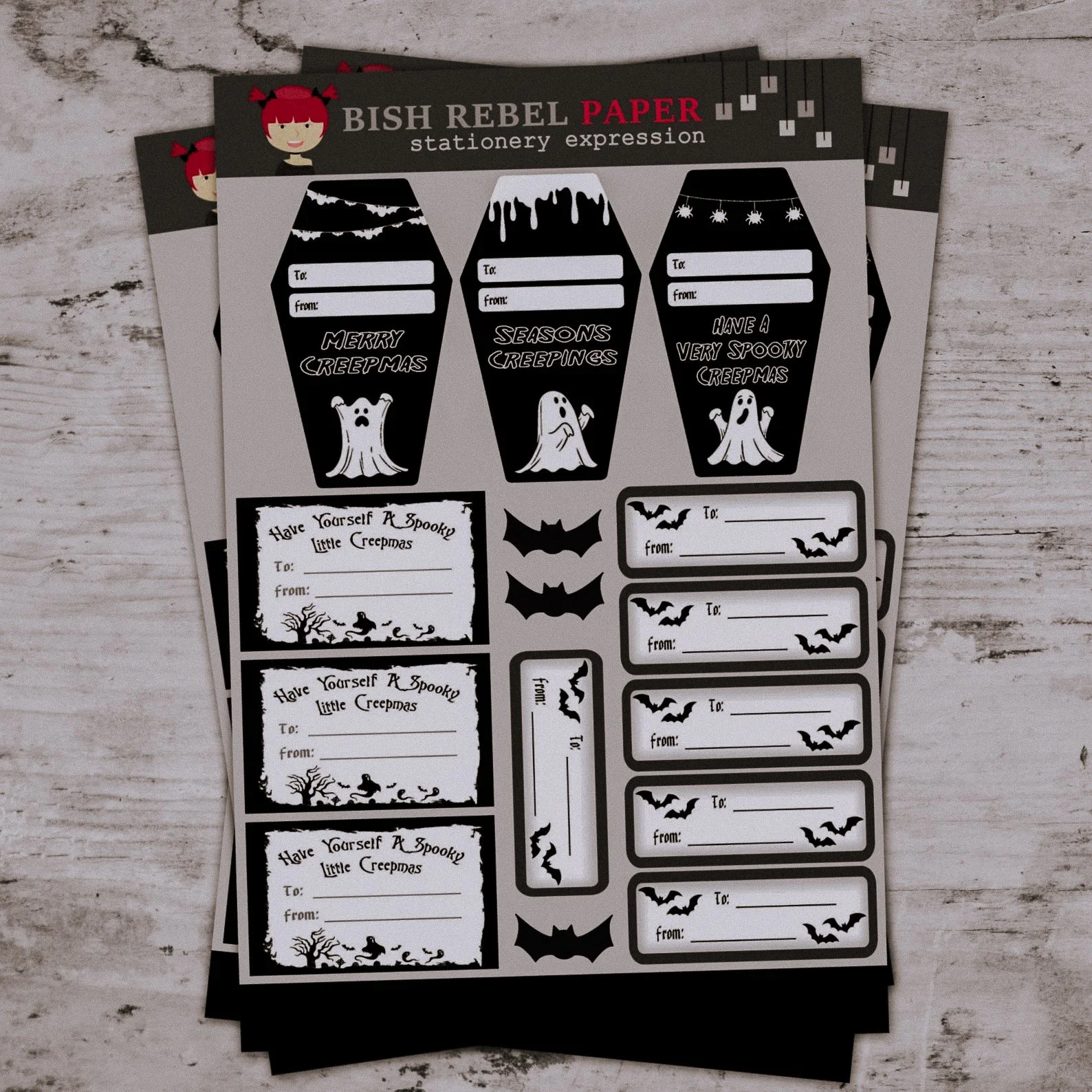 Set of dark and spooky Christmas gift tags with bats, coffins, and webs, ideal for goth, witchcore, or horror-themed presents.