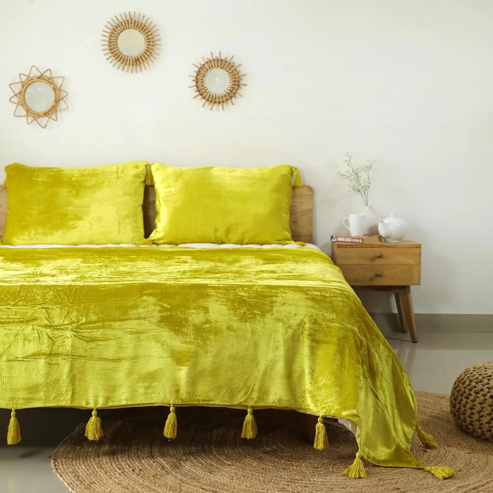 Plush lime yellow velvet bedspread with elegant texture, great for bold bedroom makeovers, glam guest rooms, or citrusy color palettes.