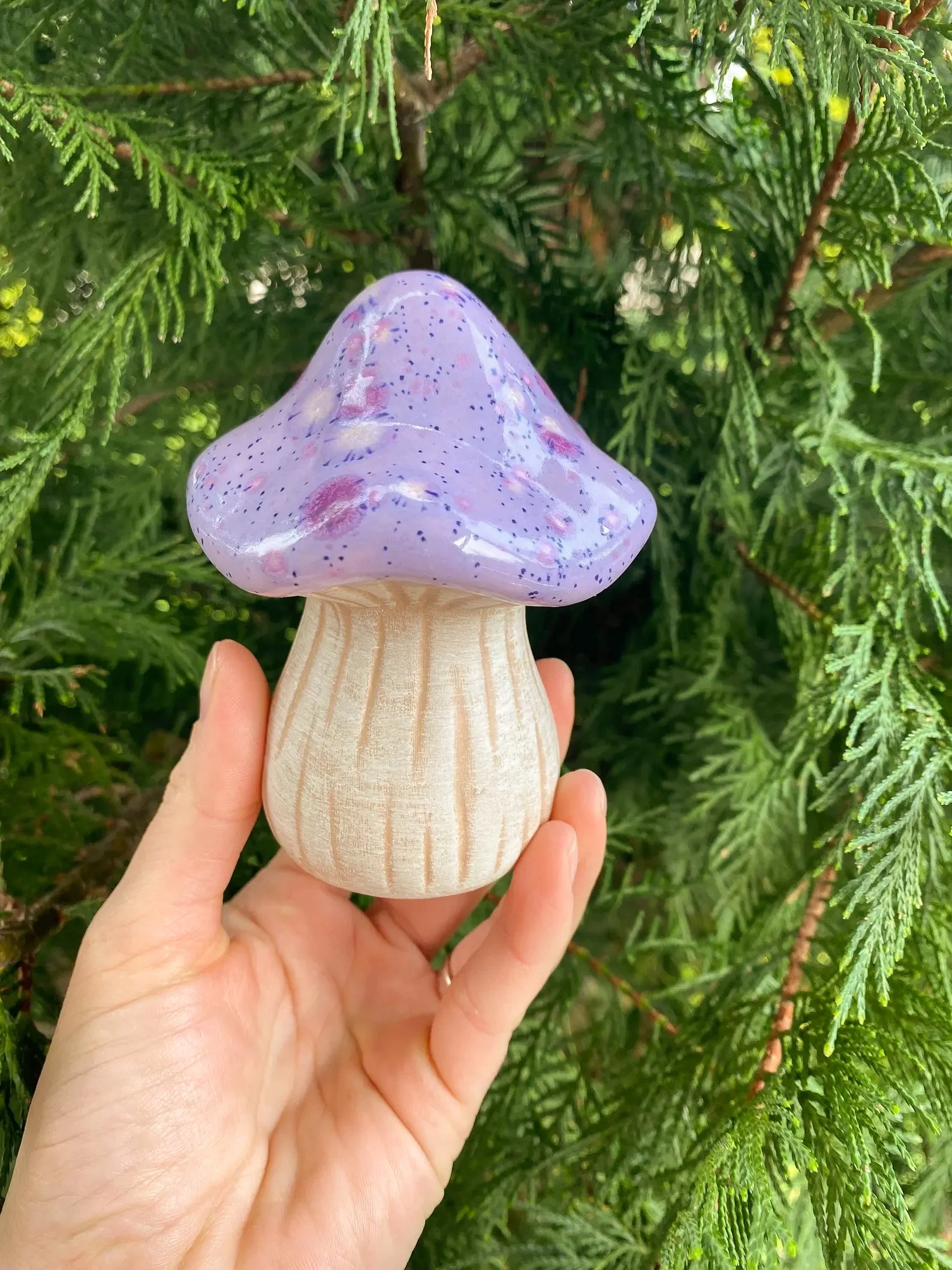 Glossy purple ceramic mushroom sculpture with a whimsical design, perfect for fairycore decor, shelf styling, or plant displays.