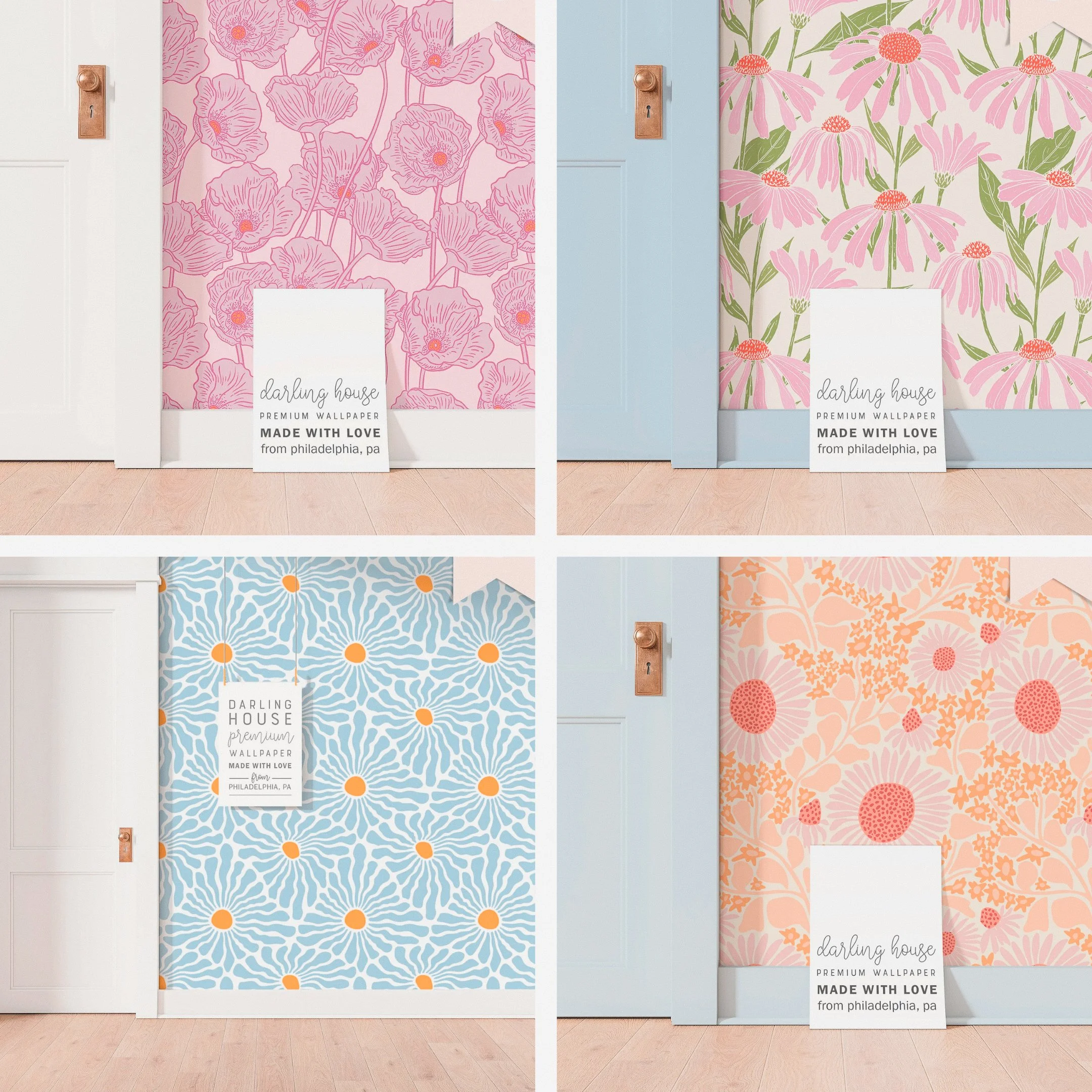 Four different floral wallpaper designs. Top left: pink background with large purple outlined flowers. Top right: cream background with pink flowers and green leaves. Bottom left: blue background with white twigs and orange flowers. Bottom right: peach background with pink and orange flowers and green leaves. Each wallpaper section has a white sign leaning against the wall with the text "darling house PREMIUM WALLPAPER MADE WITH LOVE from philadelphia, pa."