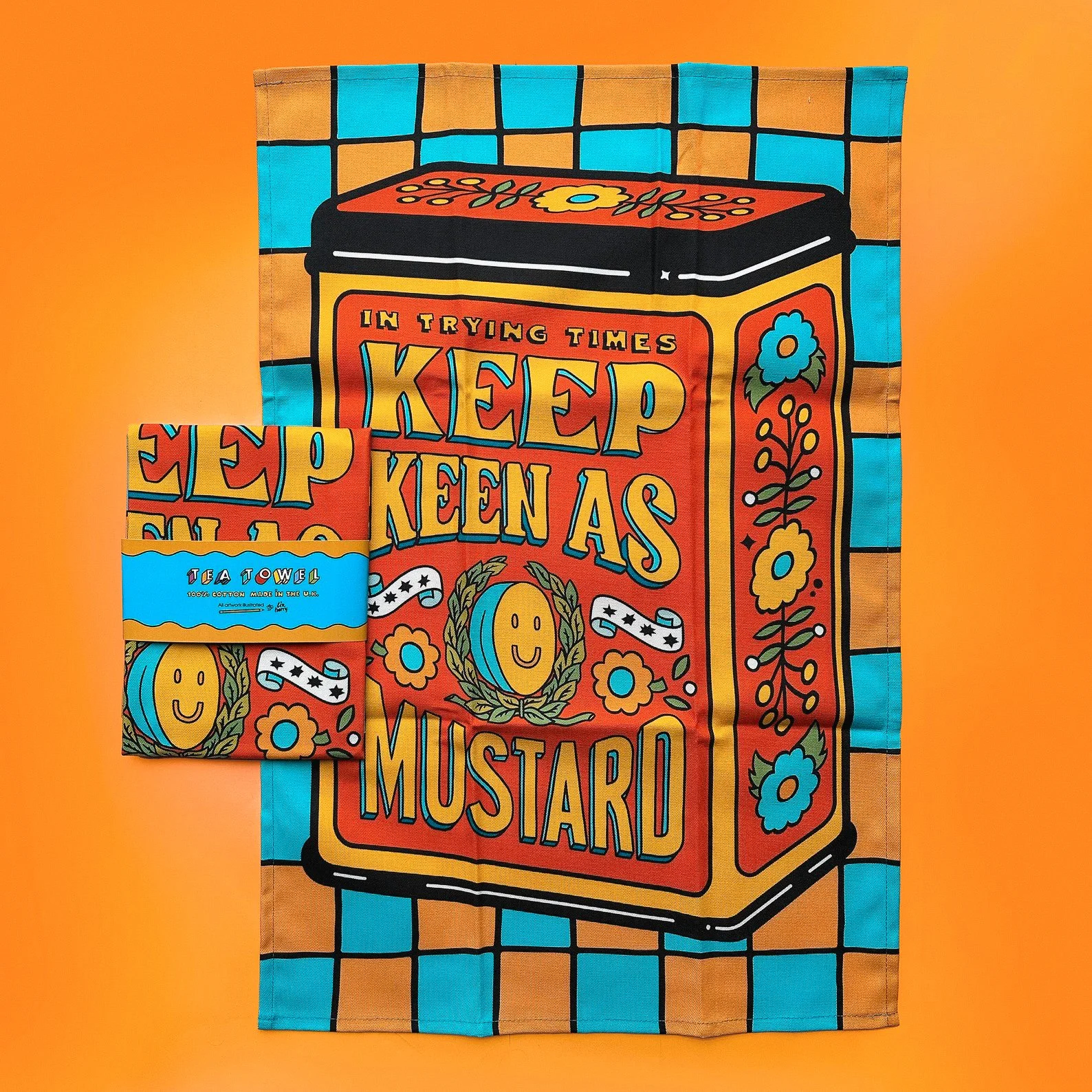 Vibrant mustard-colored tea towel with punny “Keep Keen as Mustard” phrase, great for color-loving cooks and funky housewarming gifts