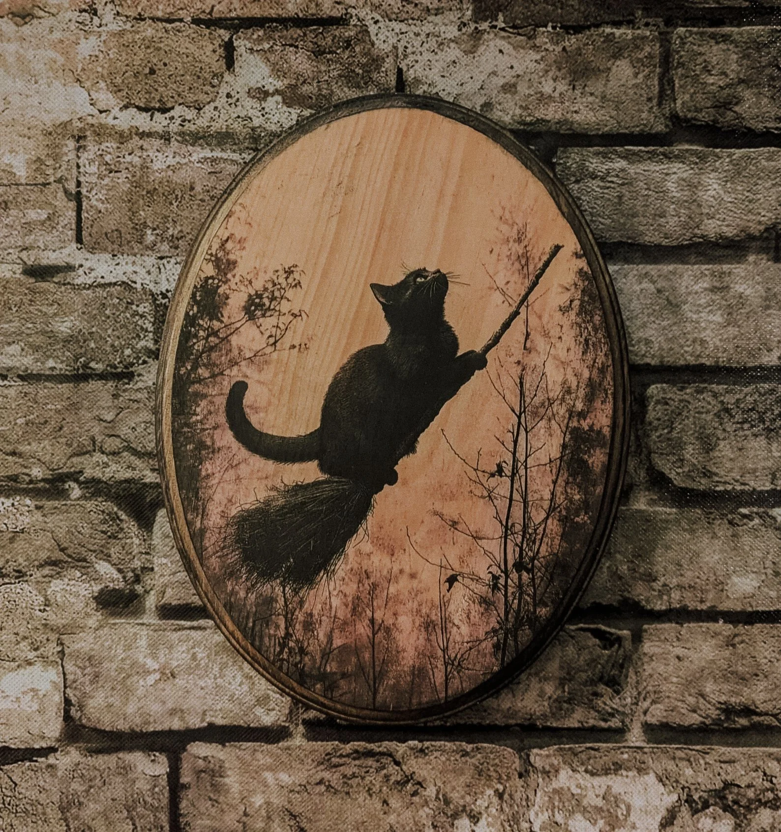 Vintage-style Halloween art print of a black cat flying on a broomstick with a mischievous expression. Perfect for spooky seasonal decor, witchy gallery walls, and nostalgic horror lovers.