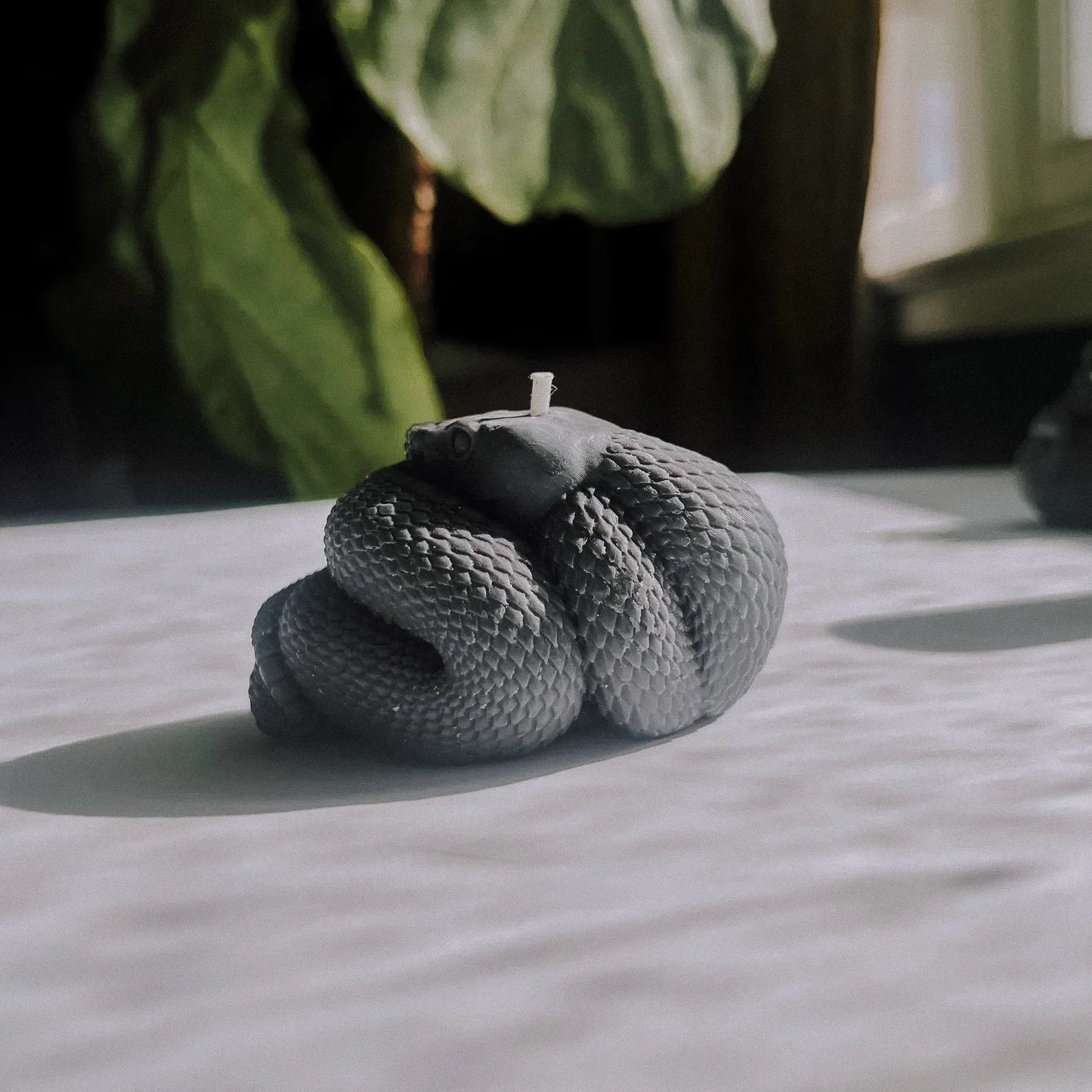 A dark gray coiled snake candle, meticulously sculpted to showcase realistic scales and a poised head. Crafted from beeswax, this candle exudes a gothic and mysterious aesthetic, perfect for witchcraft rituals or as a statement piece in dark-themed d
