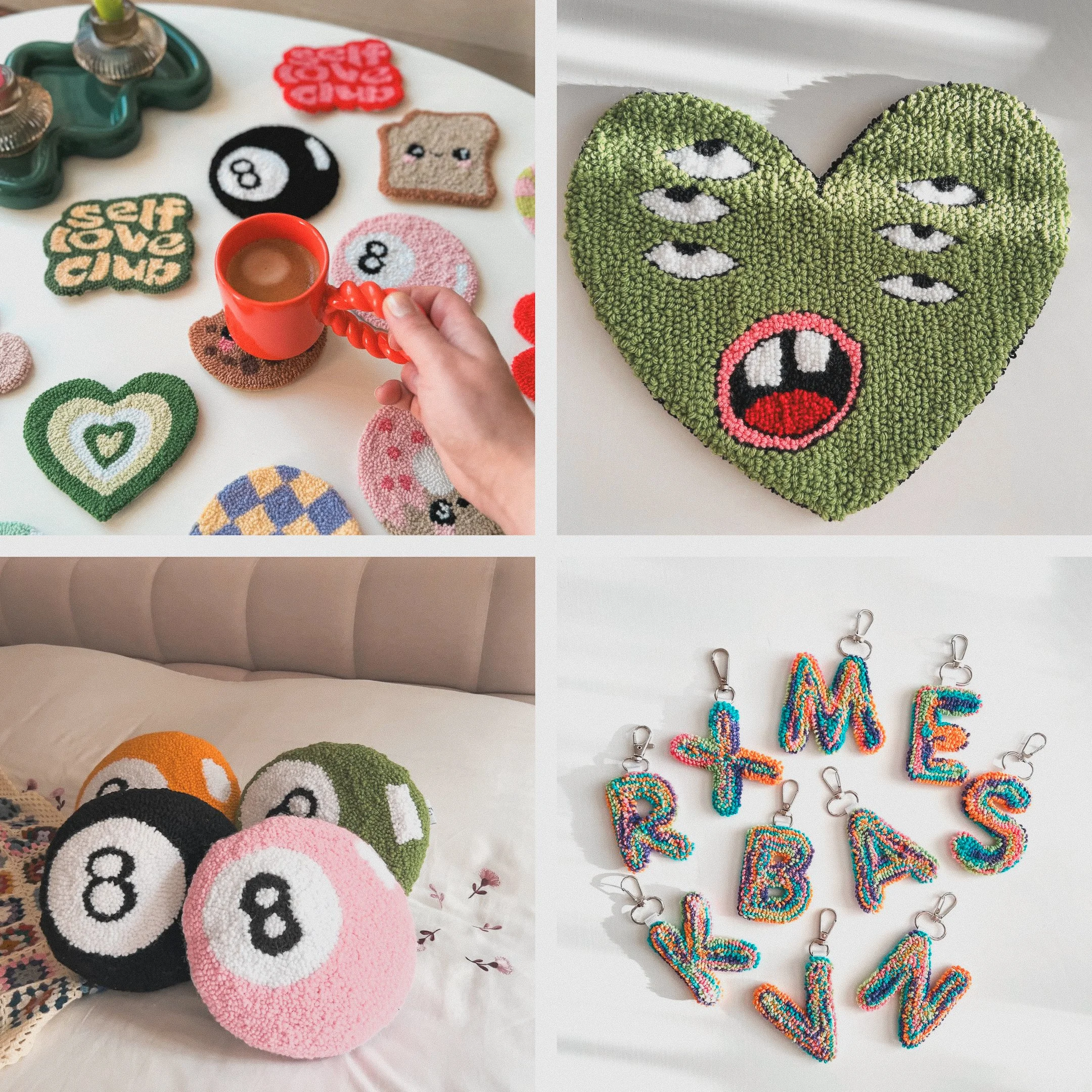 A collage of four images featuring handmade crochet and beaded items. Top left shows a collection of crochet coasters with various designs, including characters and symbols, on a white table with a hand holding an orange mug. Top right displays a large, heart-shaped crochet wall hanging with a green background and a face with multiple eyes and an open mouth. Bottom left features several plush crochet balls resembling billiard balls, resting on a bed. Bottom right shows colorful beaded keychains spelling out the words "LOVE" and "MESS" with a rainbow pattern.