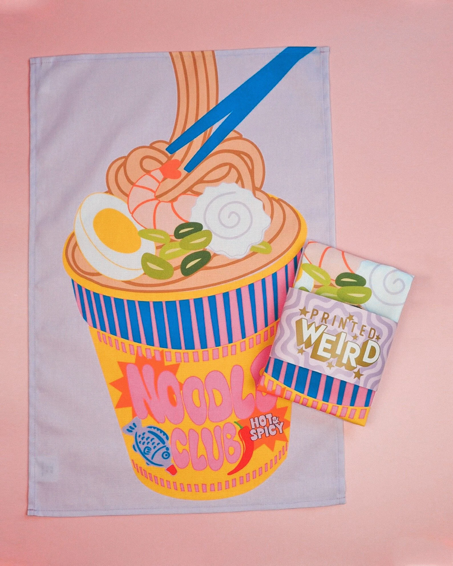 Whimsical tea towel featuring playful “Noodle Club” design with colorful illustrations, perfect for pasta lovers and culinary maximalists.