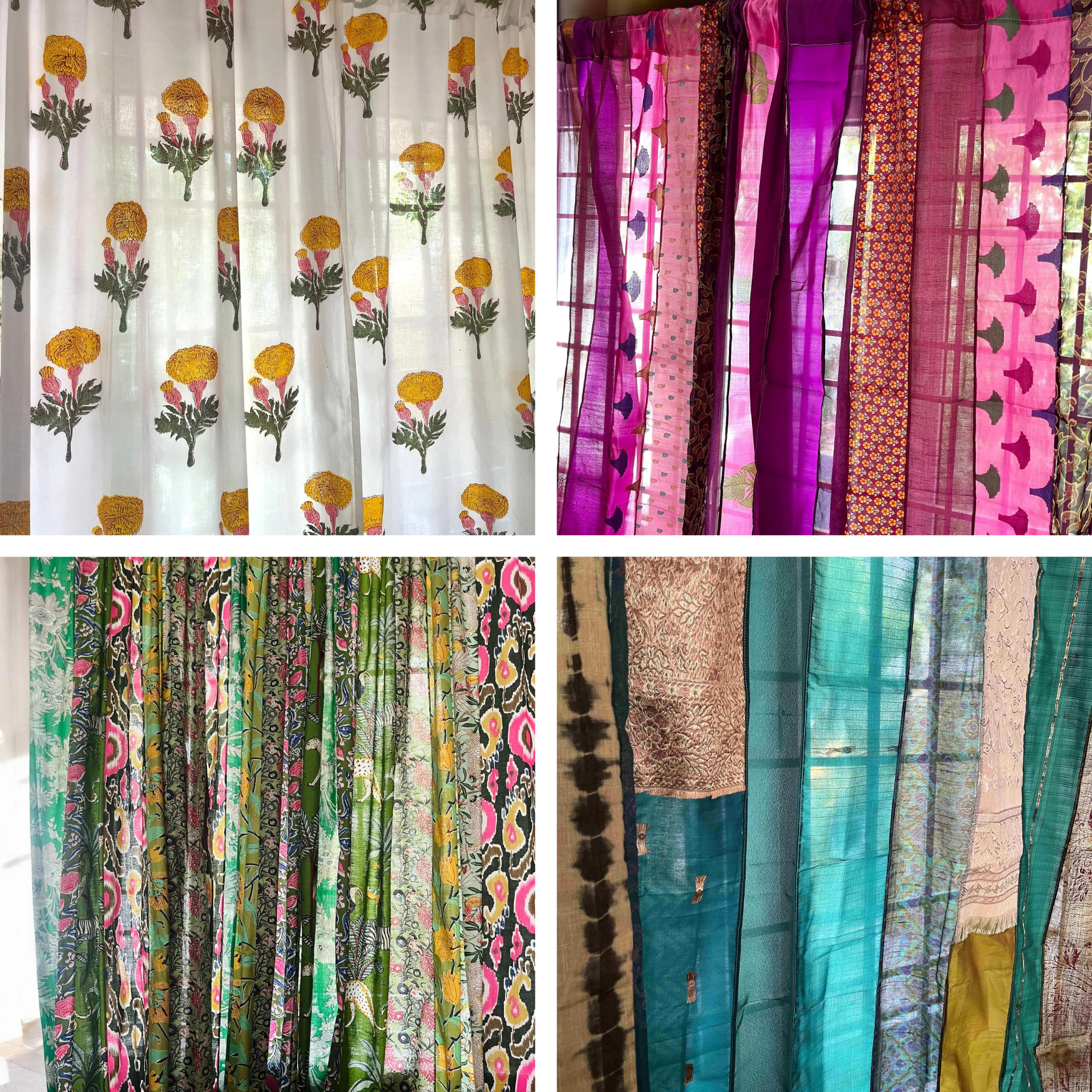 Collage of four different sets of colorful curtains with various patterns, including floral, geometric, and abstract designs.