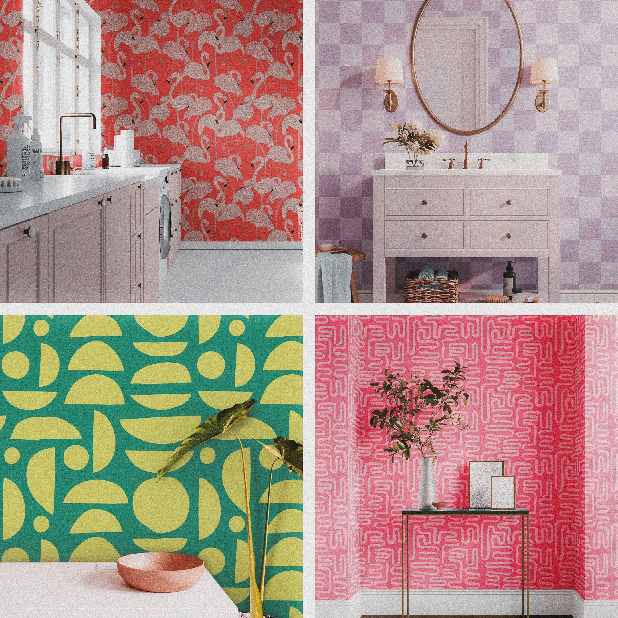 A collage of four rooms with colorful and patterned walls. The top left room is a laundry room with flamingo-patterned wallpaper, white cabinets, and a washing machine. The top right room is a bathroom with purple checkered wallpaper, a white vanity with a mirror, and floral decor. The bottom left is a space with a green and yellow abstract patterned wall, a white table, a pink bowl, and green leaves. The bottom right is a room with pink maze-like patterned wallpaper, a black table, and a white vase with greenery.