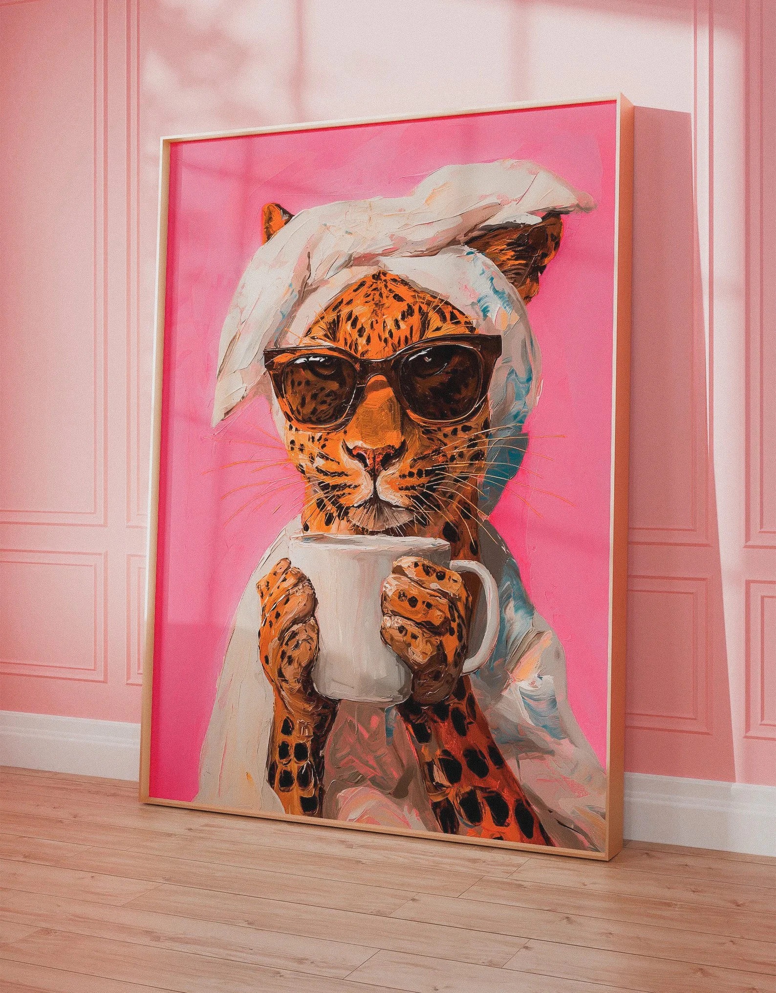Bold printable art featuring a stylish leopard sipping wine, perfect for wine lovers, quirky gallery walls, or animal-themed decor.