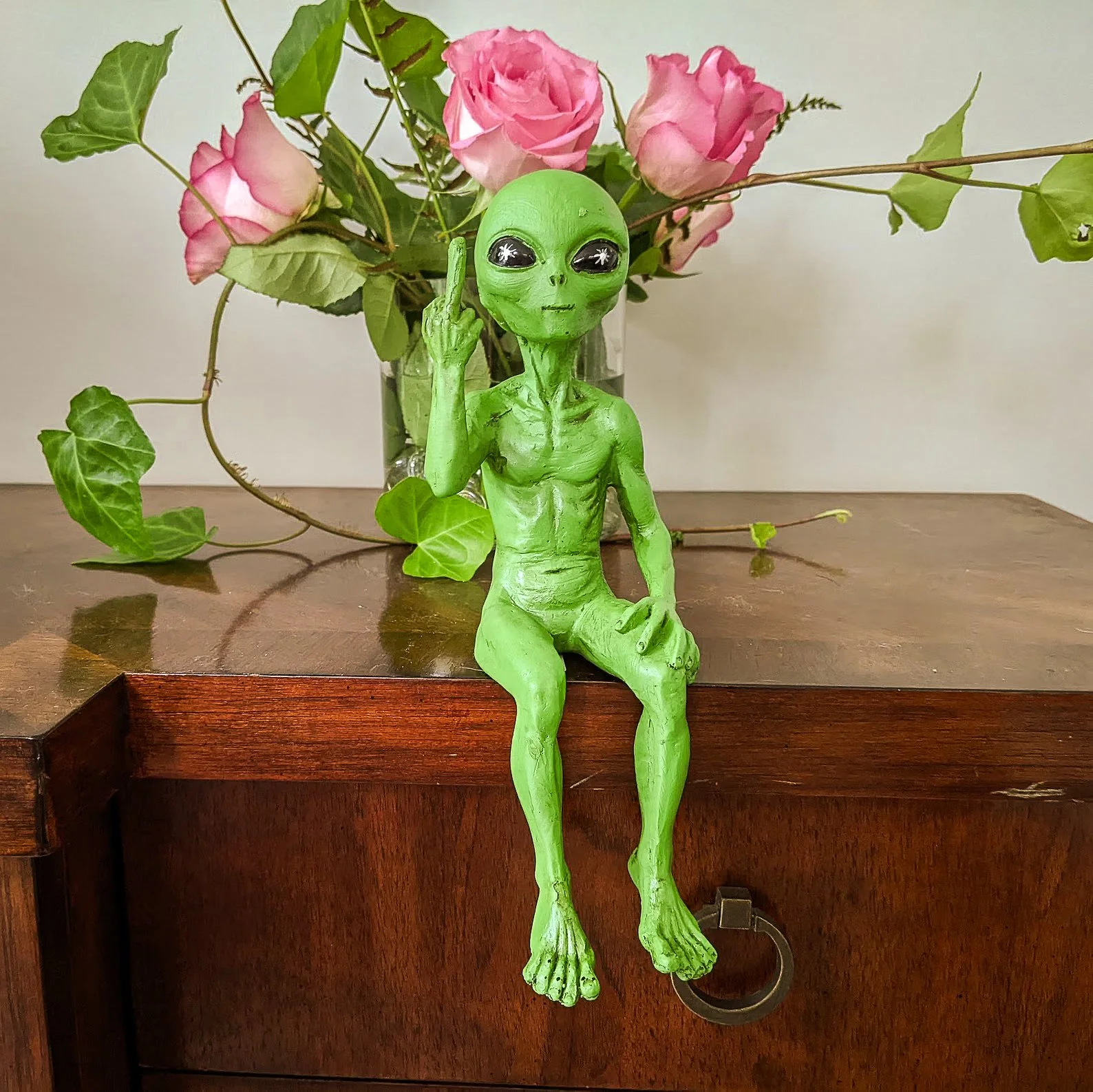 This sassy alien statue isn’t here to make peace, he’s here to flip the bird and look fabulous doing it. Standing tall with extraterrestrial attitude, this hand-sculpted figure adds a hilariously rude vibe to your shelf, desk, or alien-themed altar.