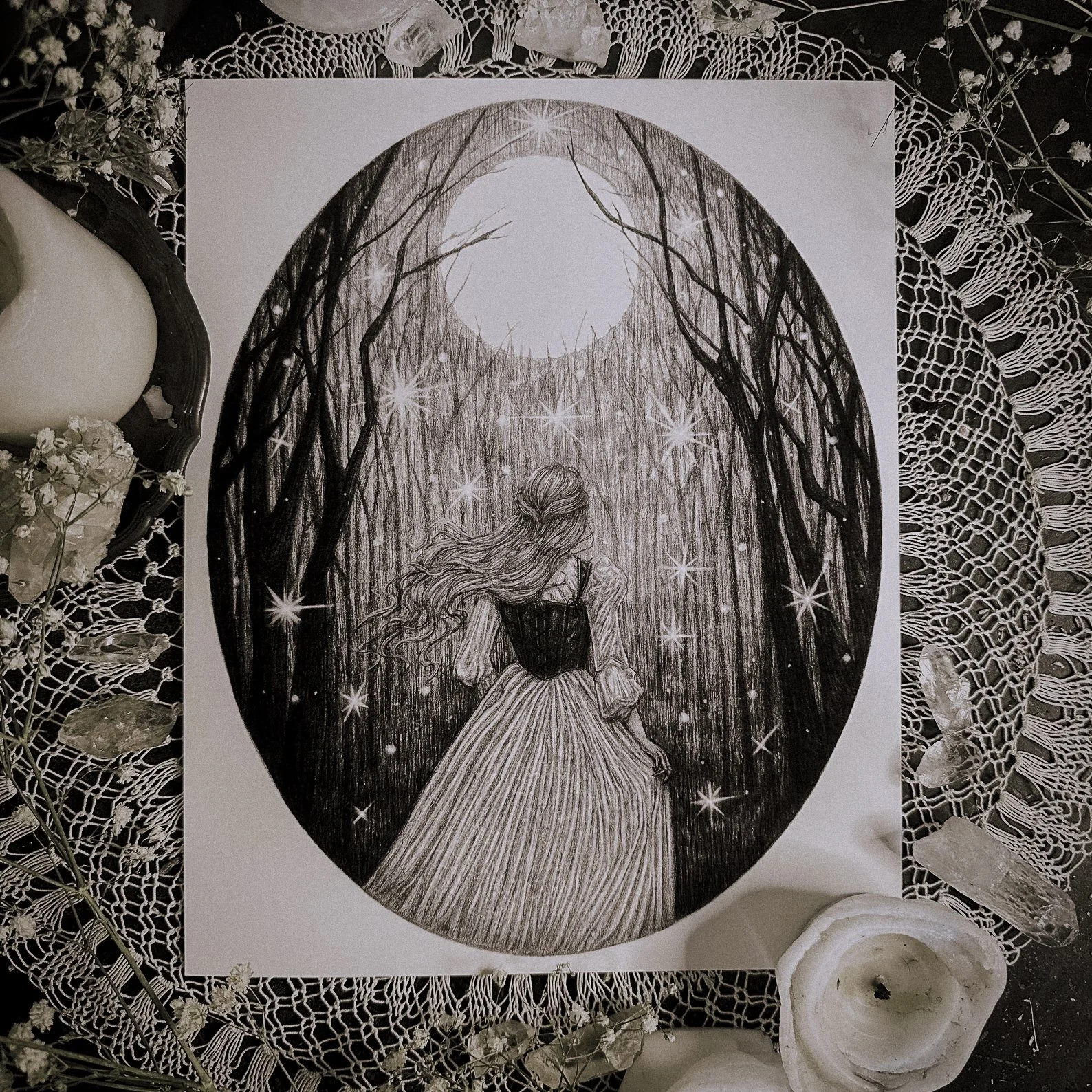 Haunted forest art print with moody green and black tones.