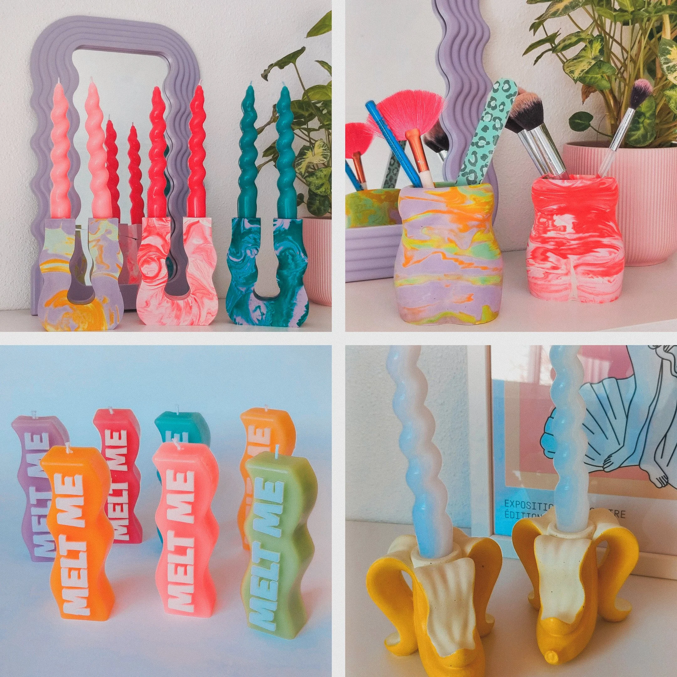 Colorful candles, miscellaneous art supplies, Melty Me candles, and yellow vase-shaped candle holders with twisted candles.